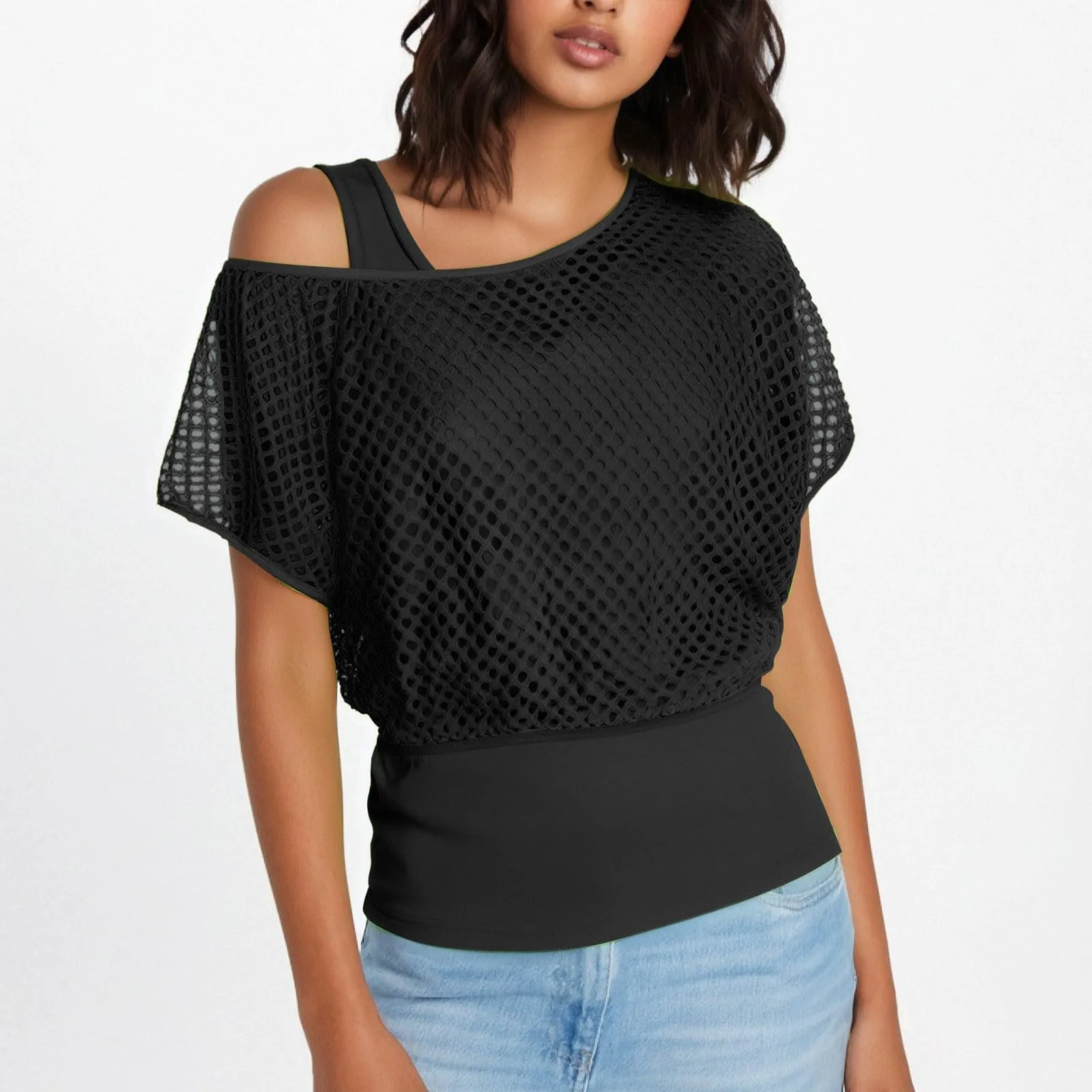 Vhersily Top Da Donna, A Maniche Corte Girocollo Camicie Per Feste E Balli Scolastici Camicette Senza Spalline Rete Da Pesca Plus Gilet Maglietta Vestibilità Ampia Per Abbigliamento, Traspirante - immagine 9