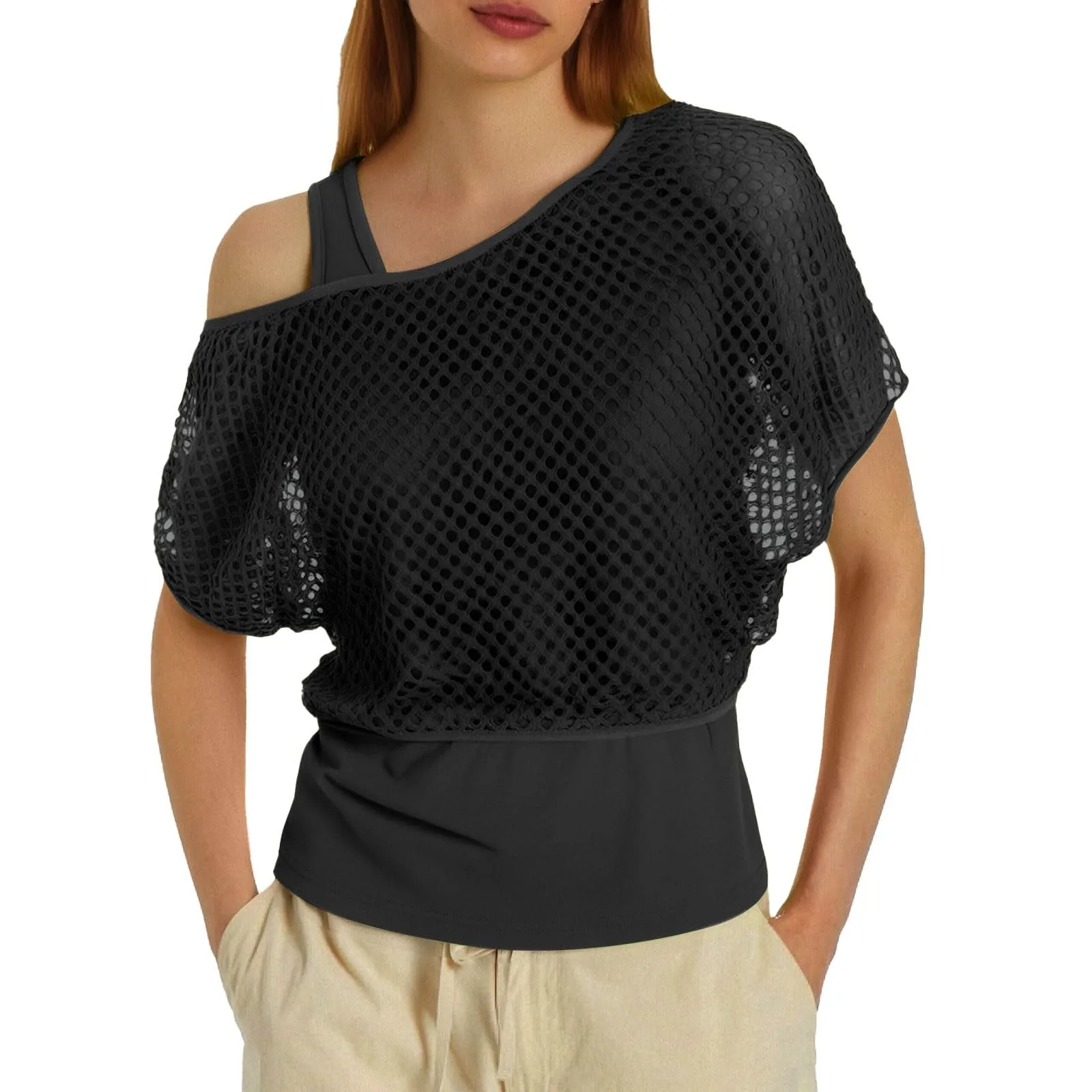 Vhersily Top Da Donna, A Maniche Corte Girocollo Camicie Per Feste E Balli Scolastici Camicette Senza Spalline Rete Da Pesca Plus Gilet Maglietta Vestibilità Ampia Per Abbigliamento, Traspirante - immagine 1