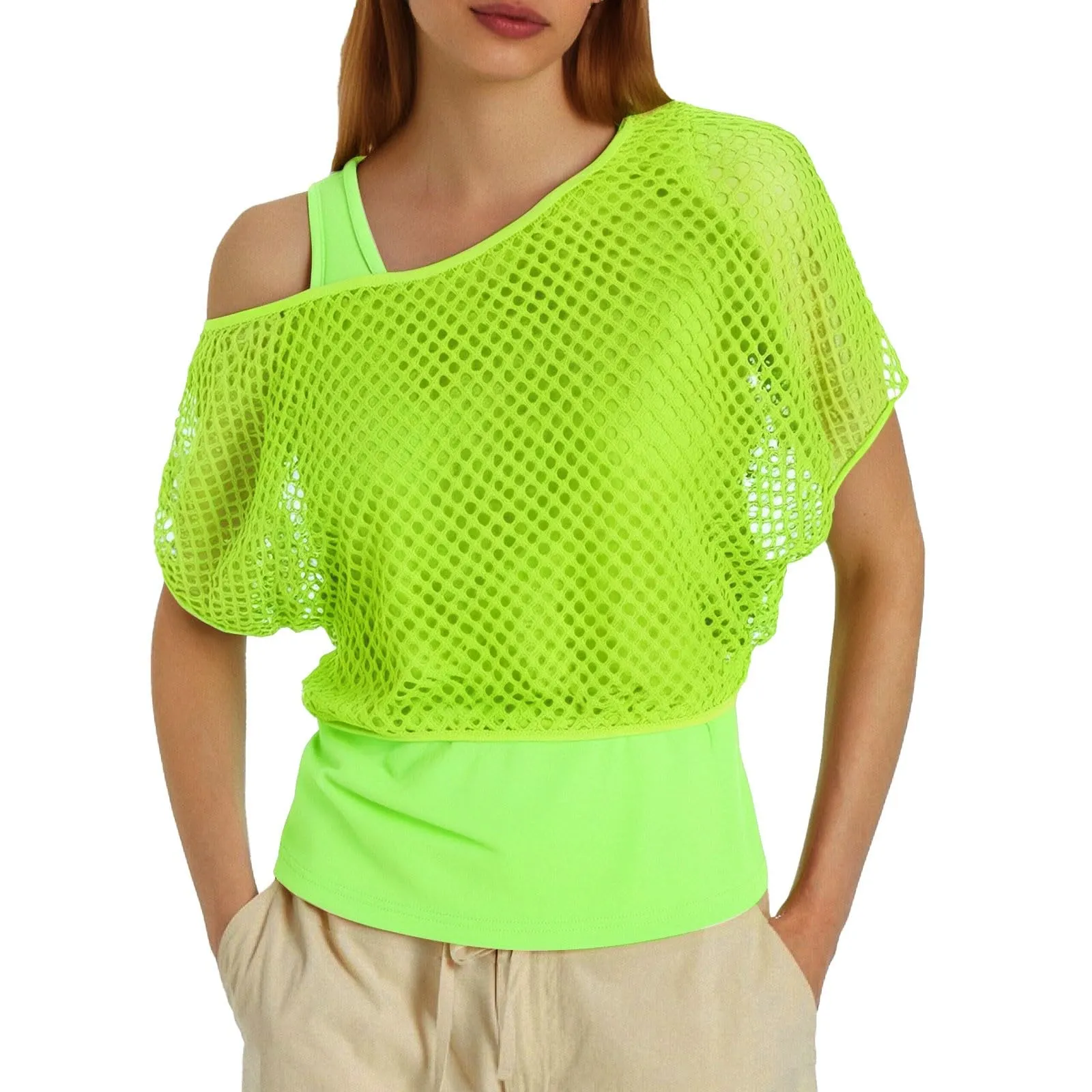 Vhersily Top Da Donna, A Maniche Corte Girocollo Camicie Per Feste E Balli Scolastici Camicette Senza Spalline Rete Da Pesca Plus Gilet Maglietta Vestibilità Ampia Per Abbigliamento, Traspirante - immagine 1