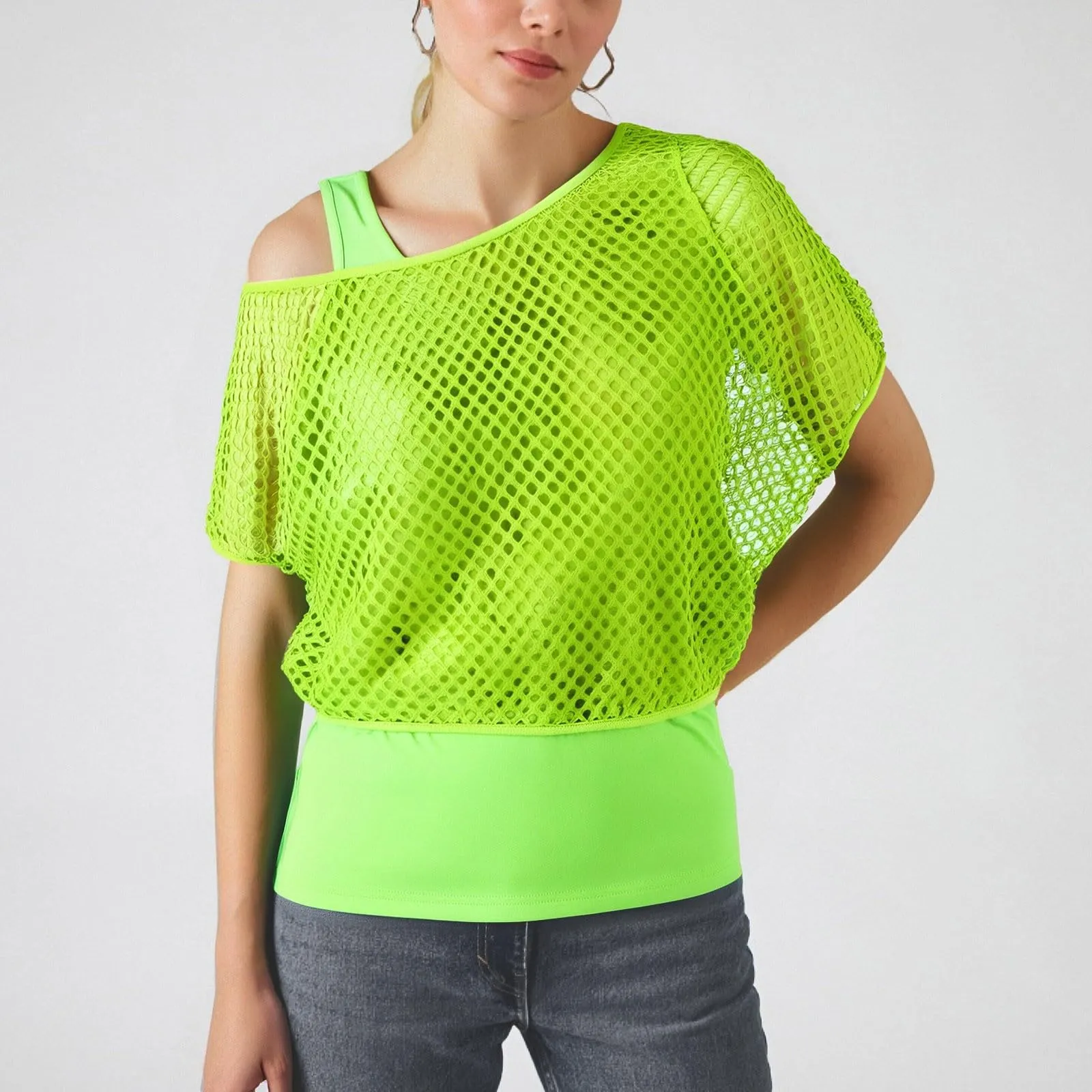 Vhersily Top Da Donna, A Maniche Corte Girocollo Camicie Per Feste E Balli Scolastici Camicette Senza Spalline Rete Da Pesca Plus Gilet Maglietta Vestibilità Ampia Per Abbigliamento, Traspirante - immagine 9