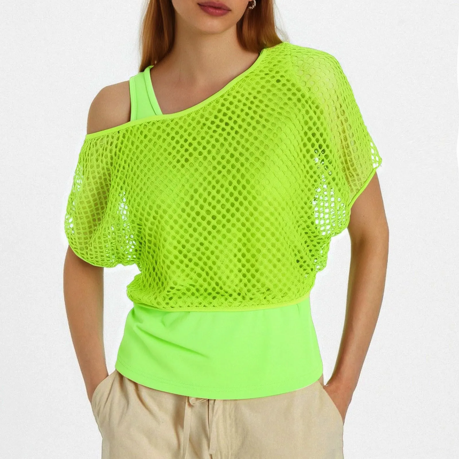 Vhersily Top Da Donna, A Maniche Corte Girocollo Camicie Per Feste E Balli Scolastici Camicette Senza Spalline Rete Da Pesca Plus Gilet Maglietta Vestibilità Ampia Per Abbigliamento, Traspirante - immagine 2