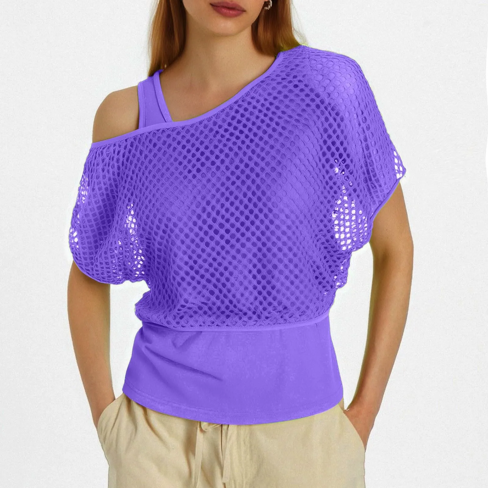 Vhersily Top Da Donna, A Maniche Corte Girocollo Camicie Per Feste E Balli Scolastici Camicette Senza Spalline Rete Da Pesca Plus Gilet Maglietta Vestibilità Ampia Per Abbigliamento, Traspirante - immagine 2
