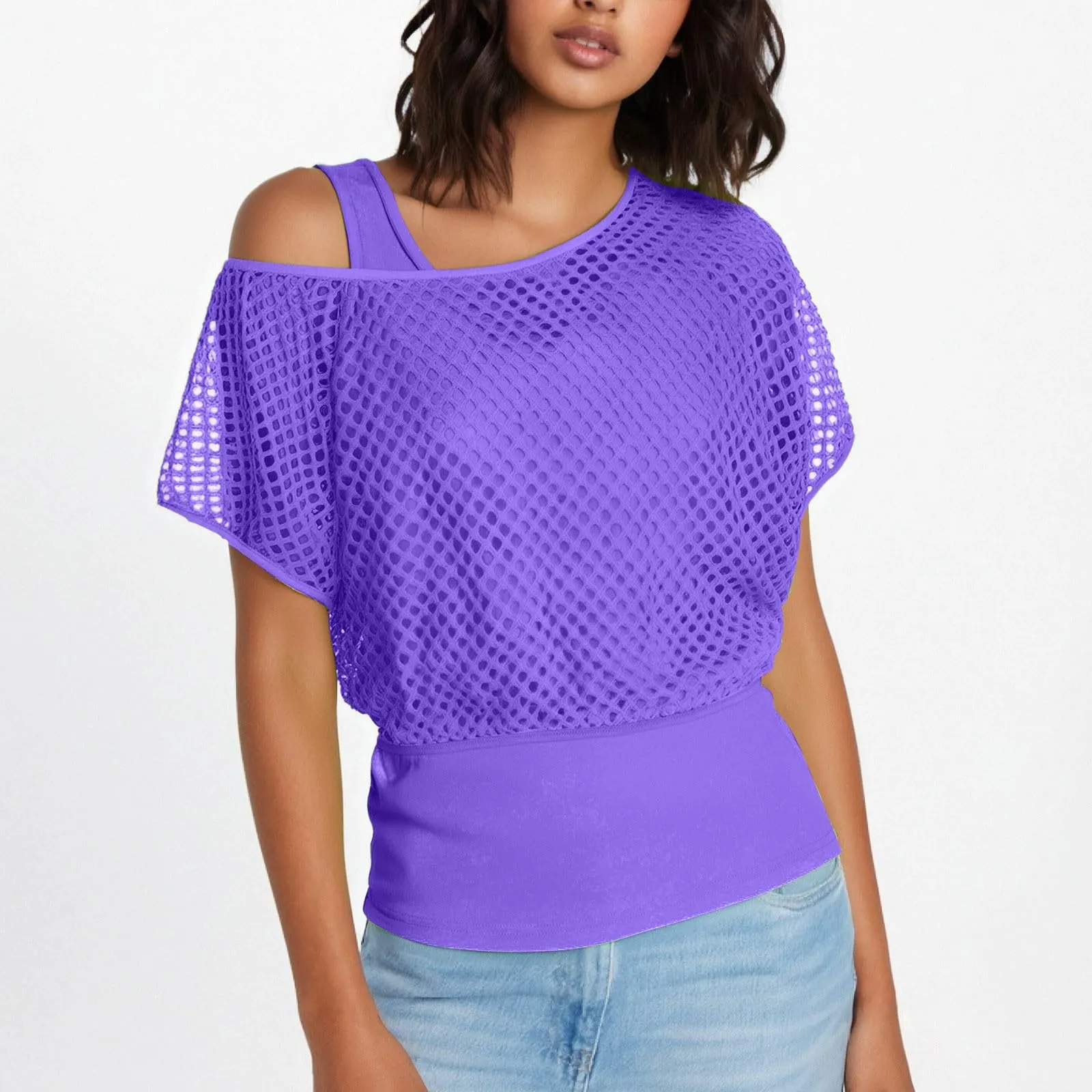 Vhersily Top Da Donna, A Maniche Corte Girocollo Camicie Per Feste E Balli Scolastici Camicette Senza Spalline Rete Da Pesca Plus Gilet Maglietta Vestibilità Ampia Per Abbigliamento, Traspirante - immagine 3
