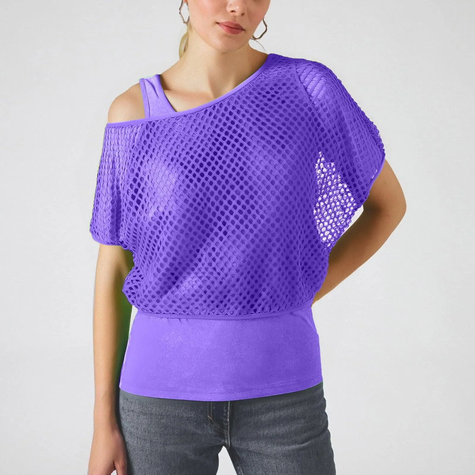 Vhersily Top Da Donna, A Maniche Corte Girocollo Camicie Per Feste E Balli Scolastici Camicette Senza Spalline Rete Da Pesca Plus Gilet Maglietta Vestibilità Ampia Per Abbigliamento, Traspirante - immagine 7