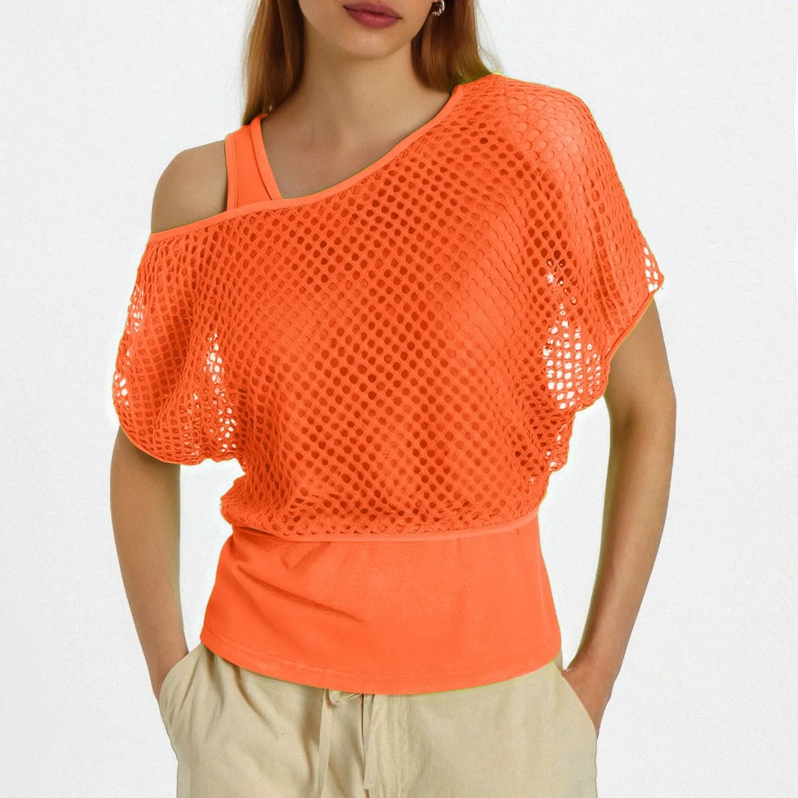 Vhersily Top Da Donna, A Maniche Corte Girocollo Camicie Per Feste E Balli Scolastici Camicette Senza Spalline Rete Da Pesca Plus Gilet Maglietta Vestibilità Ampia Per Abbigliamento, Traspirante - immagine 2