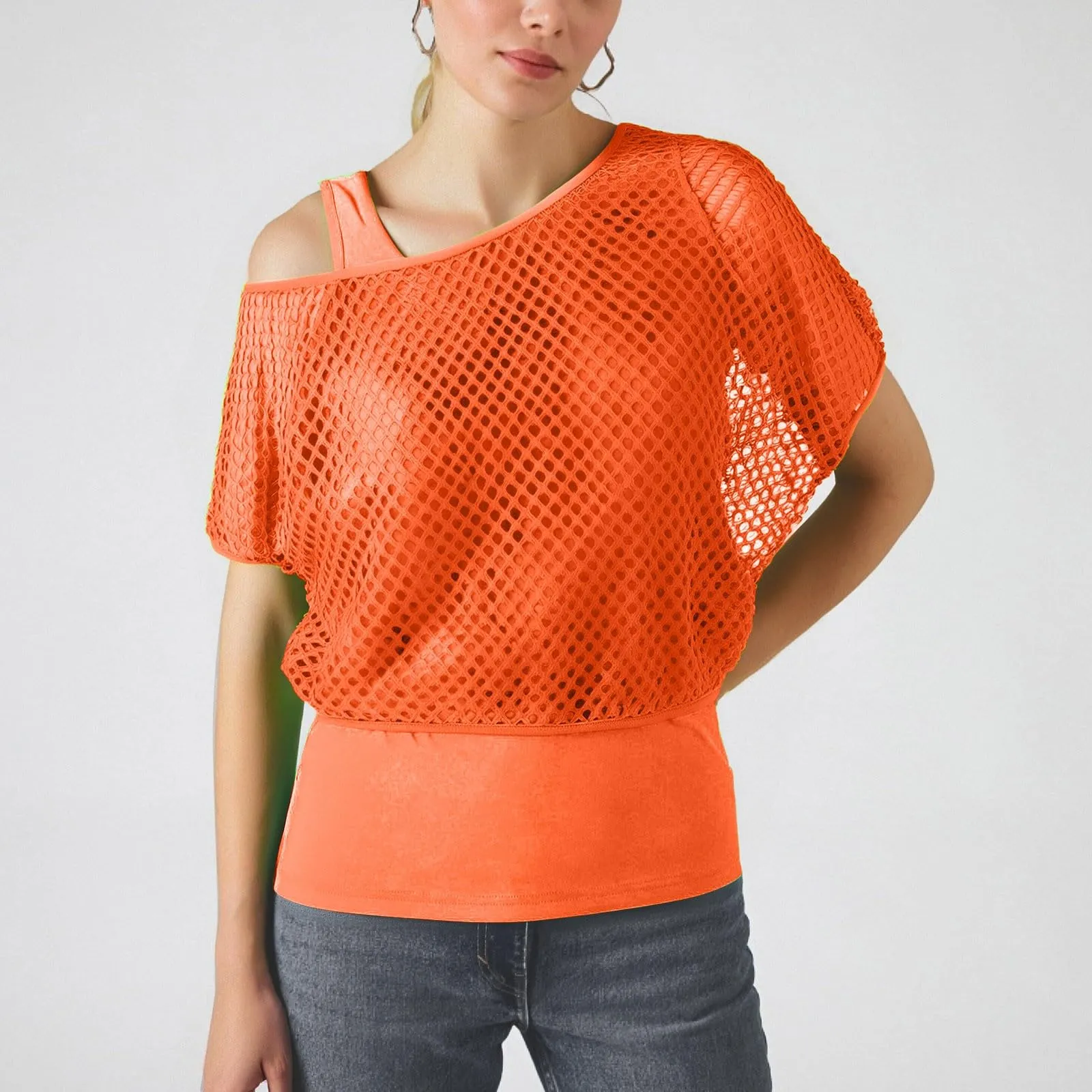 Vhersily Top Da Donna, A Maniche Corte Girocollo Camicie Per Feste E Balli Scolastici Camicette Senza Spalline Rete Da Pesca Plus Gilet Maglietta Vestibilità Ampia Per Abbigliamento, Traspirante - immagine 3