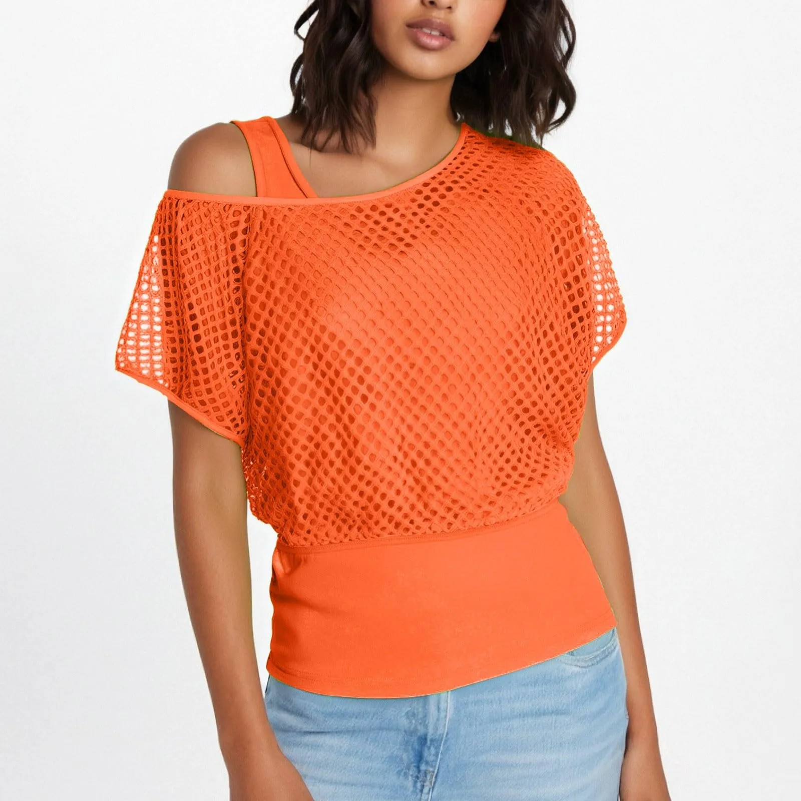 Vhersily Top Da Donna, A Maniche Corte Girocollo Camicie Per Feste E Balli Scolastici Camicette Senza Spalline Rete Da Pesca Plus Gilet Maglietta Vestibilità Ampia Per Abbigliamento, Traspirante - immagine 7