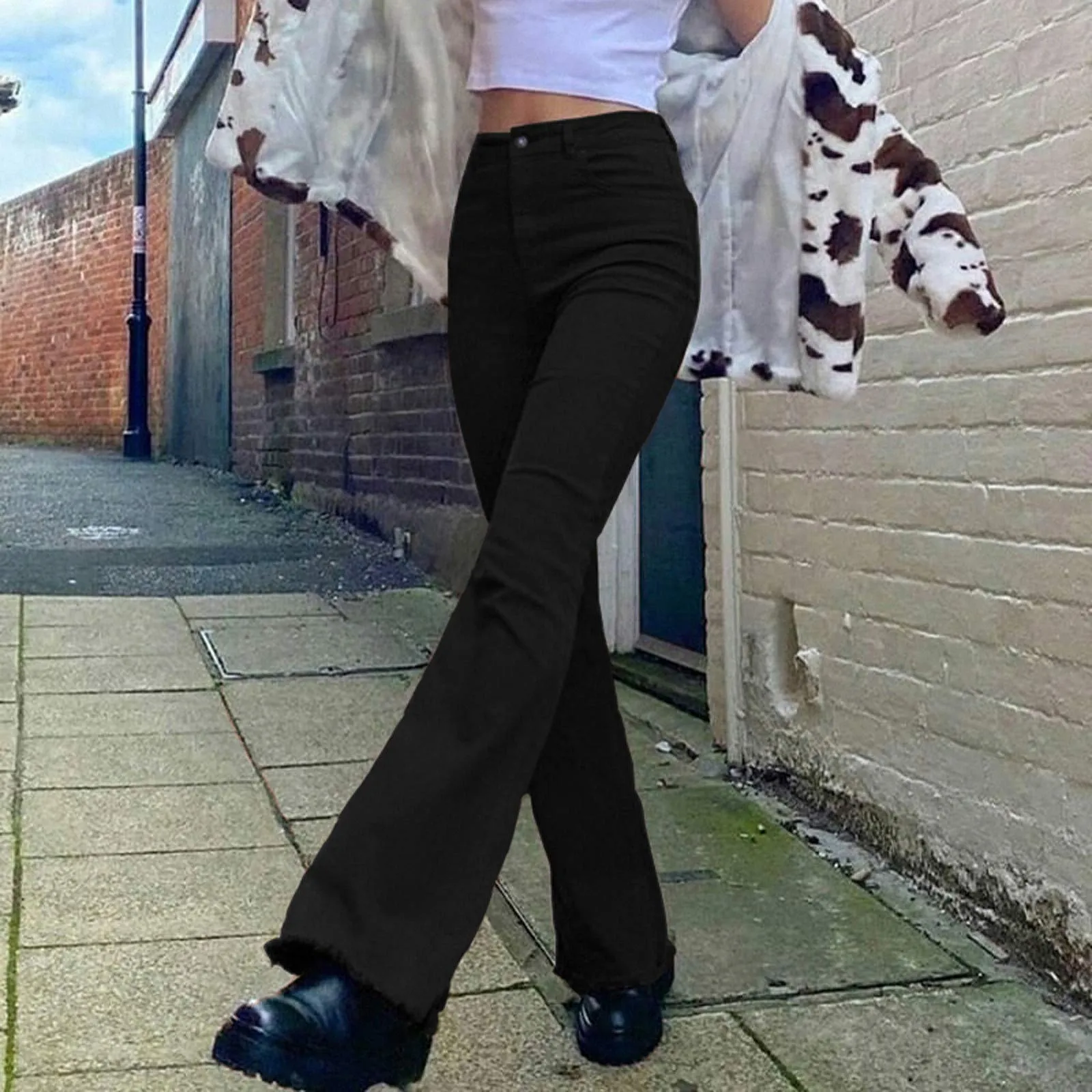 Generico Jeans da Donna a Flared, Pantaloni Donna a Flared Jeans Svasati a Vita Bassa Pantaloni Lunghi Taglio Bootcut Elasticizzati Skinny Jeans Donna con Tasche Jeans Svasato con Tasche Streetwear - immagine 2