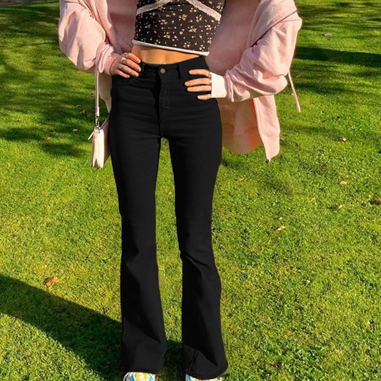 Generico Jeans da Donna a Flared, Pantaloni Donna a Flared Jeans Svasati a Vita Bassa Pantaloni Lunghi Taglio Bootcut Elasticizzati Skinny Jeans Donna con Tasche Jeans Svasato con Tasche Streetwear - immagine 4