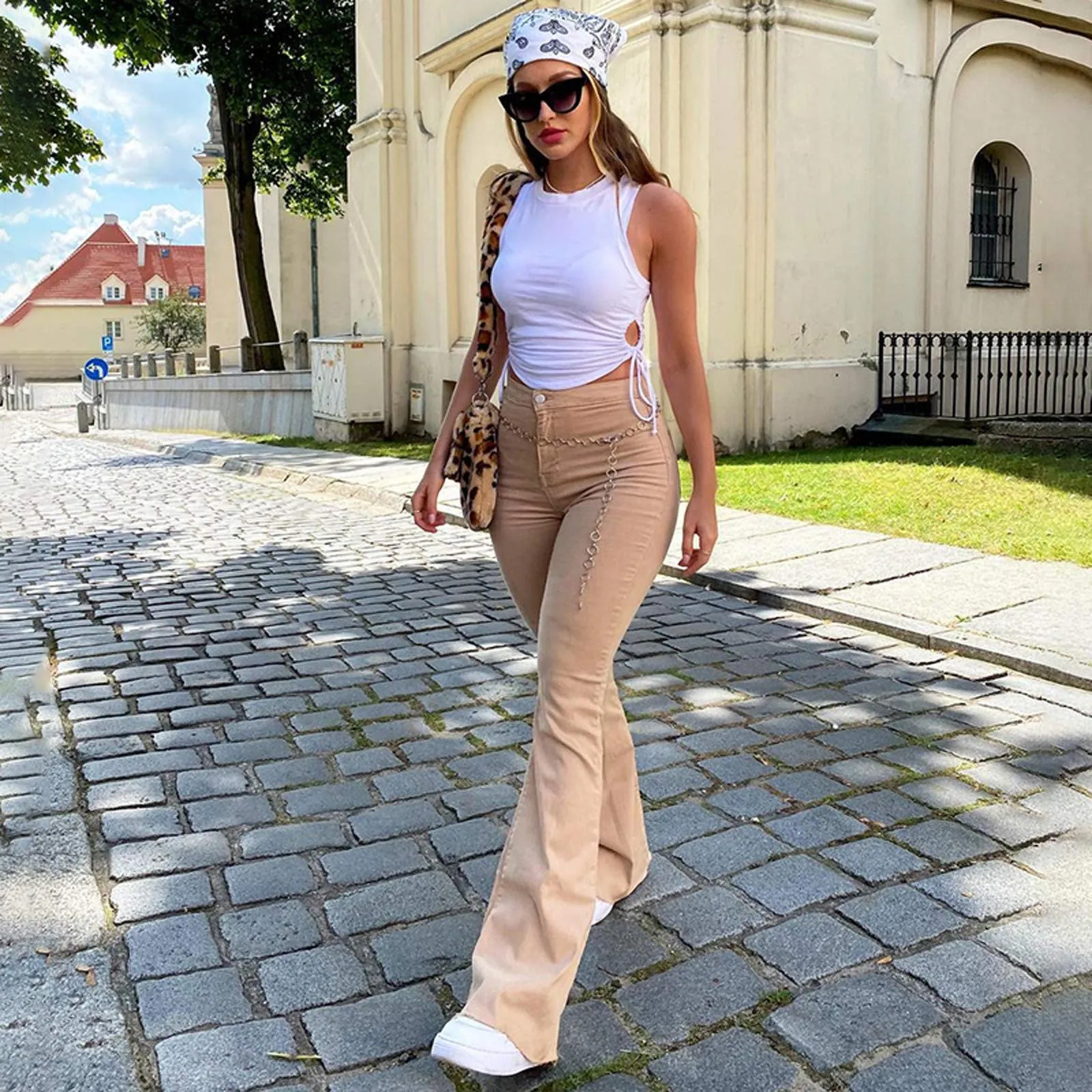 Generico Jeans da Donna a Flared, Pantaloni Donna a Flared Jeans Svasati a Vita Bassa Pantaloni Lunghi Taglio Bootcut Elasticizzati Skinny Jeans Donna con Tasche Jeans Svasato con Tasche Streetwear - immagine 2