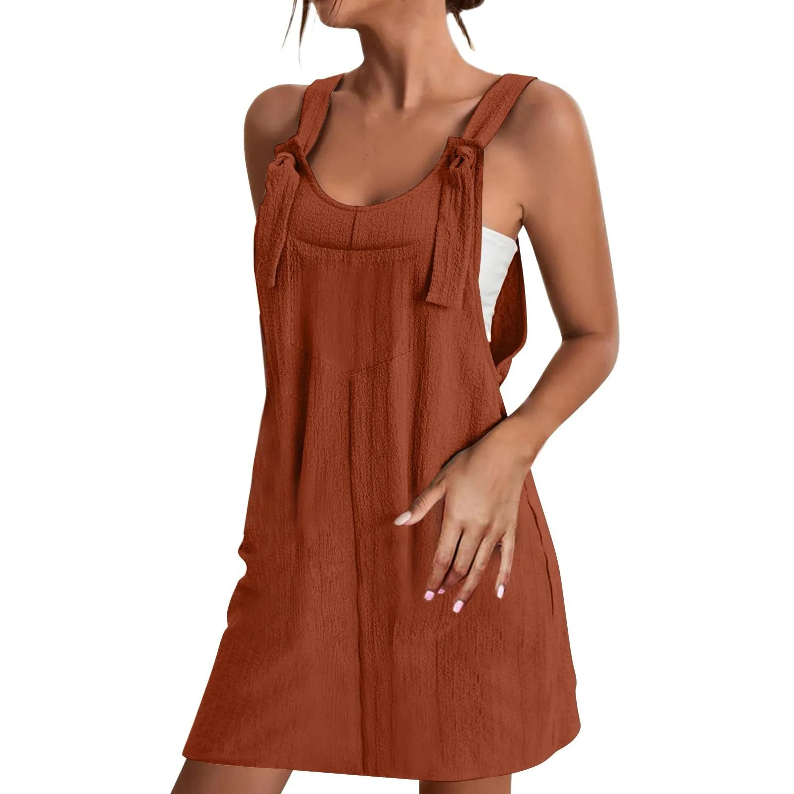 Abito da donna estivo, senza maniche, con spalline regolabili, con schiena scoperta, con tasche, con scollo a U, per il tempo libero, taglie forti, marrone, 3XL - immagine 3