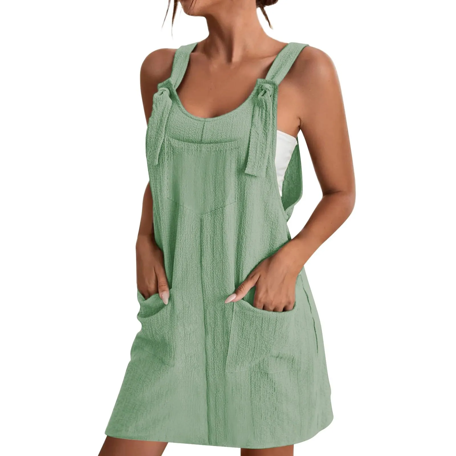 Abito da donna estivo, senza maniche, con spalline regolabili, con schiena scoperta, con tasche, con scollo a U, per il tempo libero, taglie forti, verde militare, 4XL - immagine 1