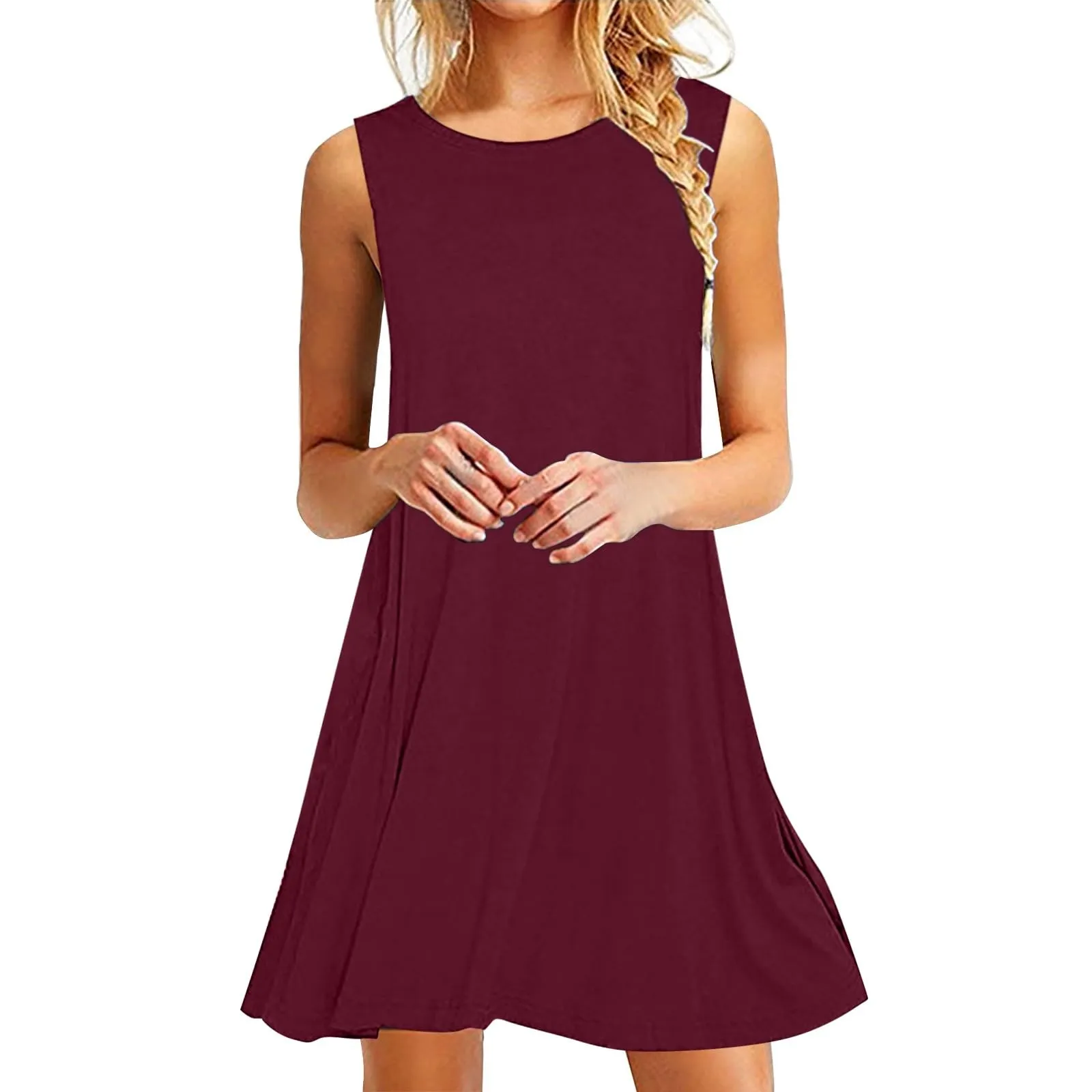 Abito elegante da donna, corto, casual, senza maniche, lunghezza al ginocchio, mini abito in cotone, tinta unita, abito da spiaggia, leggero, comodo, per il tempo libero, maglietta a linea A, abito da - immagine 2