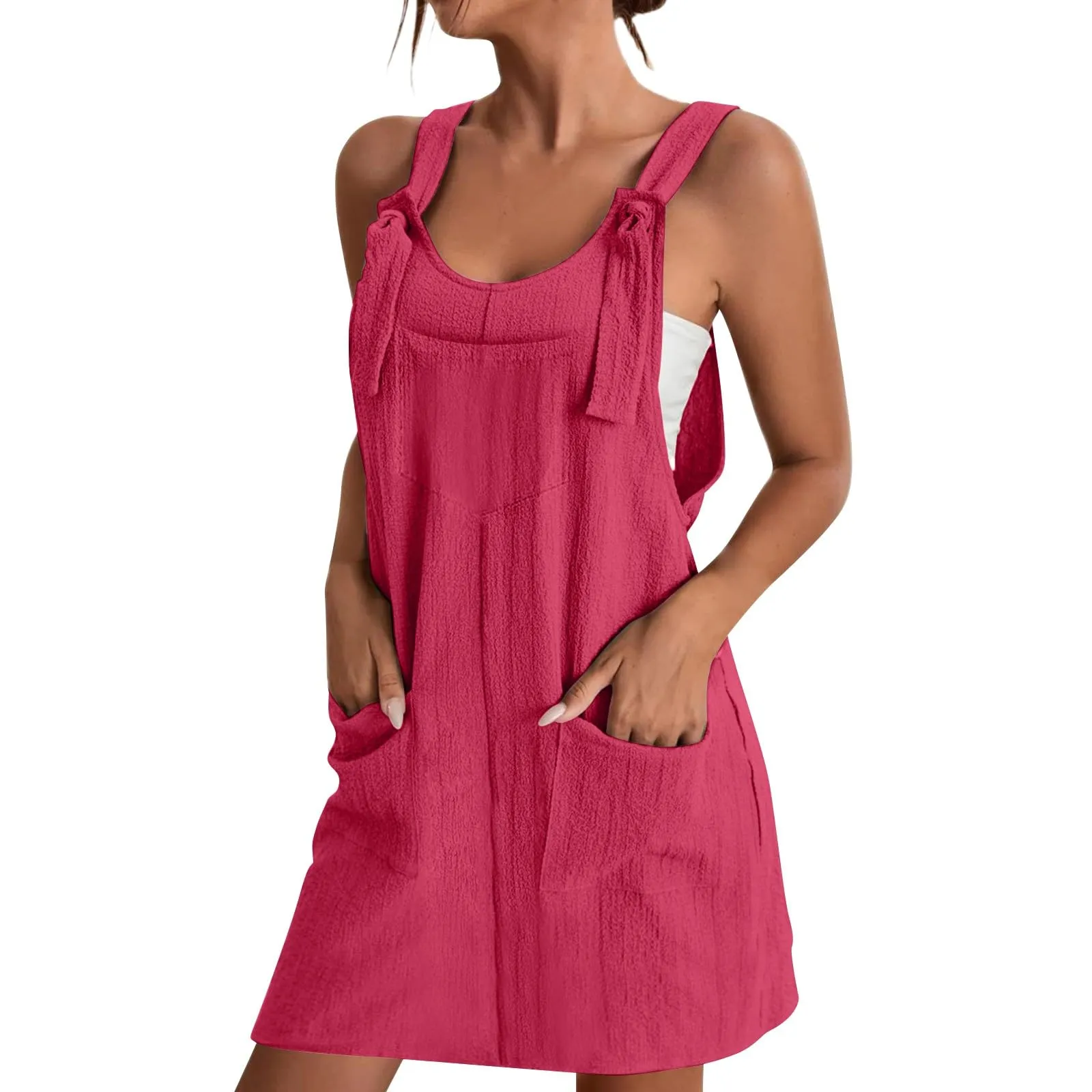 Abito da donna estivo, senza maniche, con spalline regolabili, con schiena scoperta, con tasche, con scollo a U, per il tempo libero, taglie forti, Lilla, XXL - immagine 3