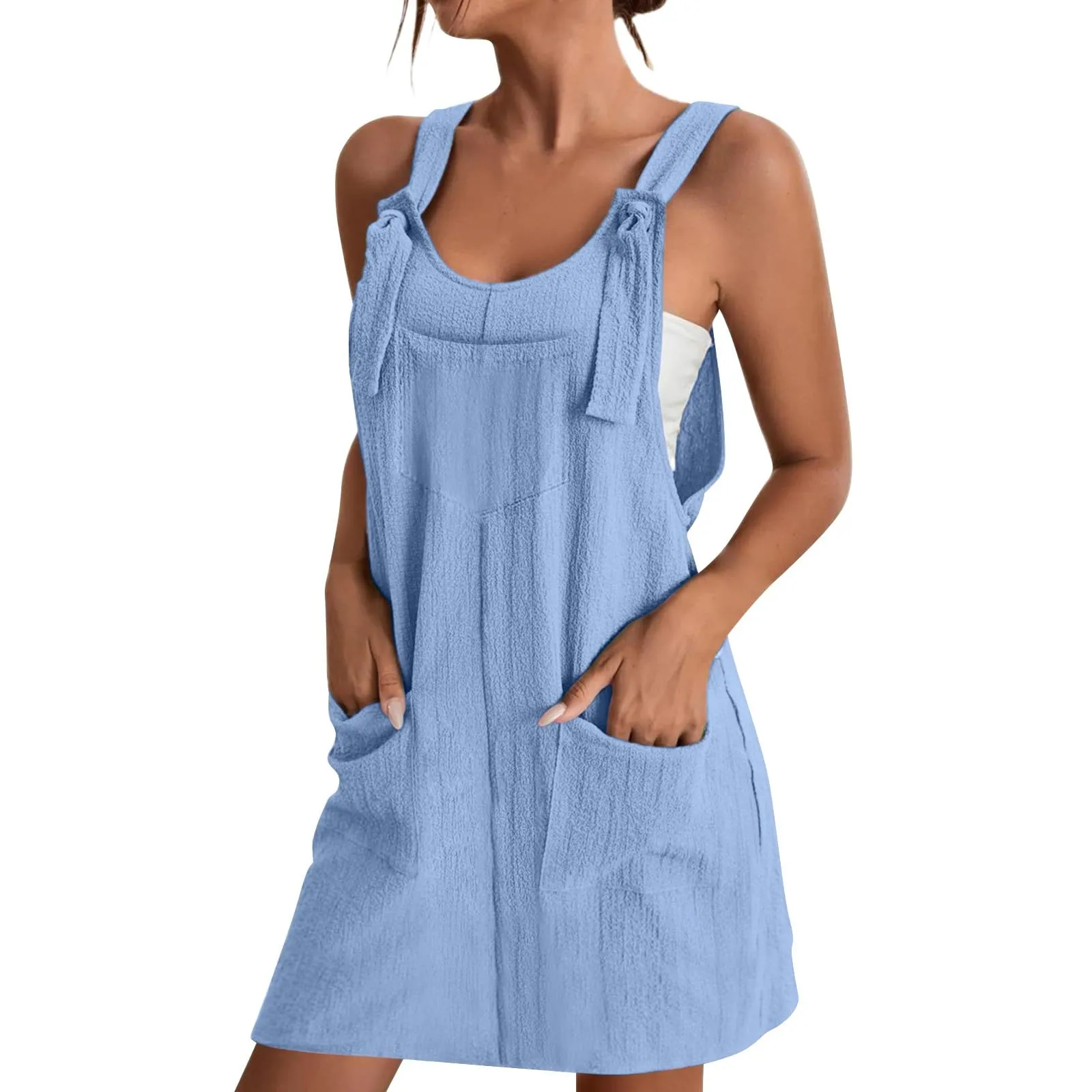 Abito da donna estivo, senza maniche, con spalline regolabili, con schiena scoperta, con tasche, con scollo a U, per il tempo libero, taglie forti, Azzurro, L - immagine 1