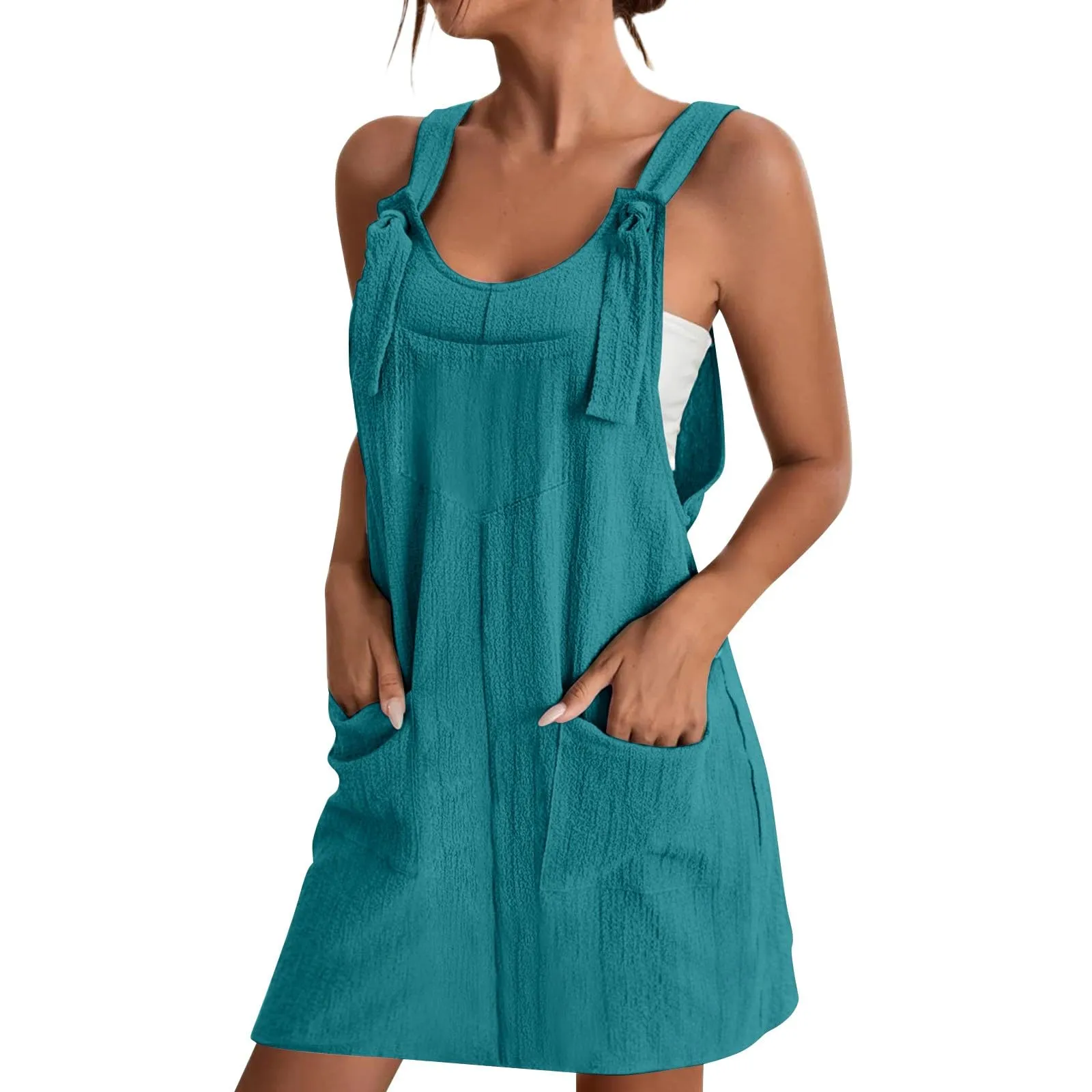 Abito da donna estivo, senza maniche, con spalline regolabili, con schiena scoperta, con tasche, con scollo a U, per il tempo libero, taglie forti, Celeste., XL - immagine 1