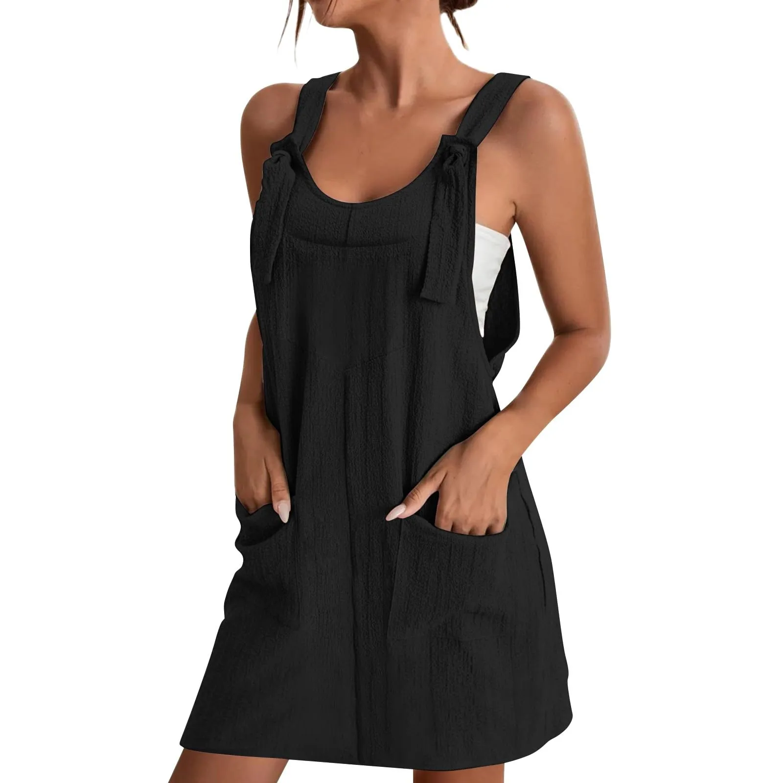 Abito da donna estivo, senza maniche, con spalline regolabili, con schiena scoperta, con tasche, con scollo a U, per il tempo libero, taglie forti, Nero , 4XL - immagine 1