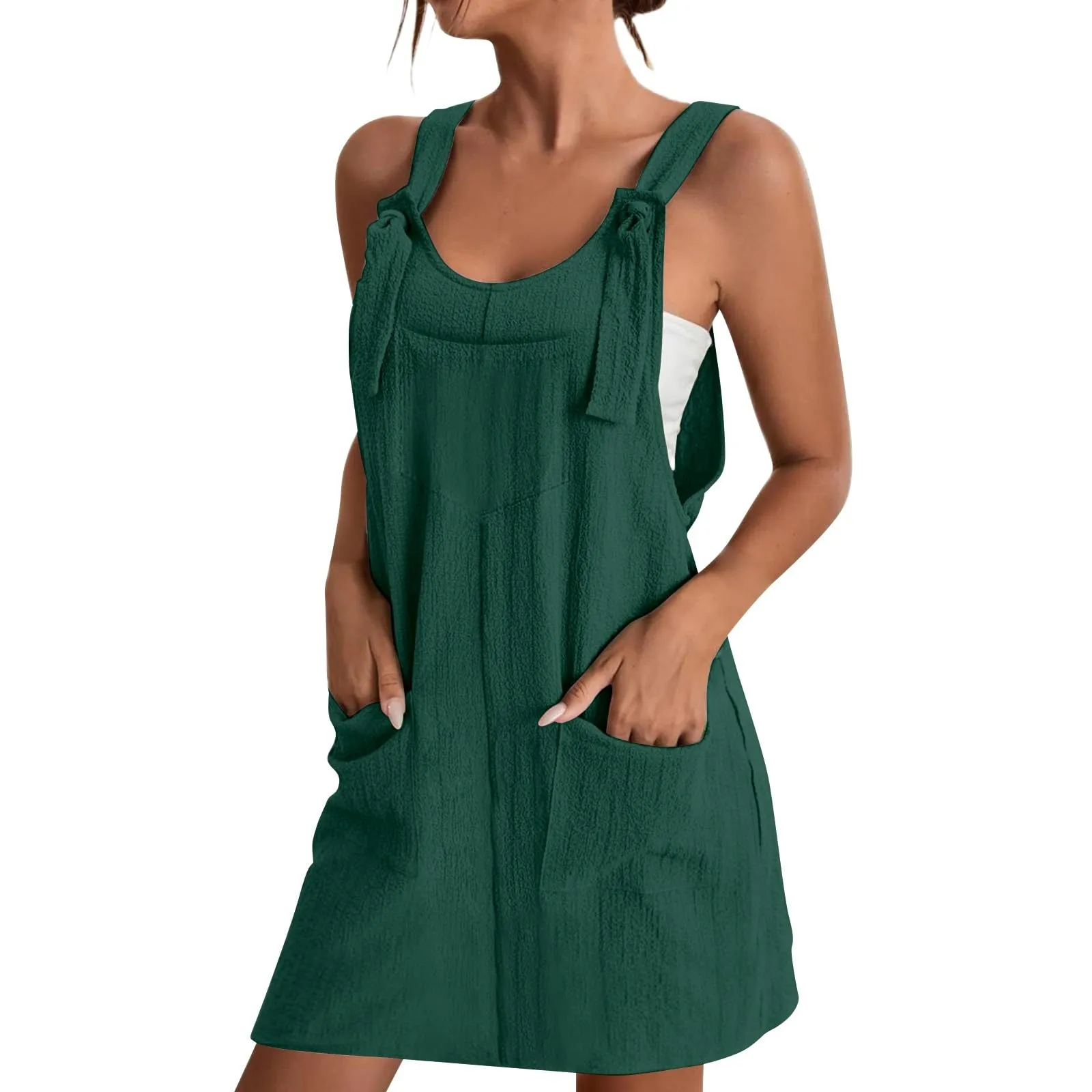 Abito da donna estivo, senza maniche, con spalline regolabili, con schiena scoperta, con tasche, con scollo a U, per il tempo libero, taglie forti, verde, L - immagine 1