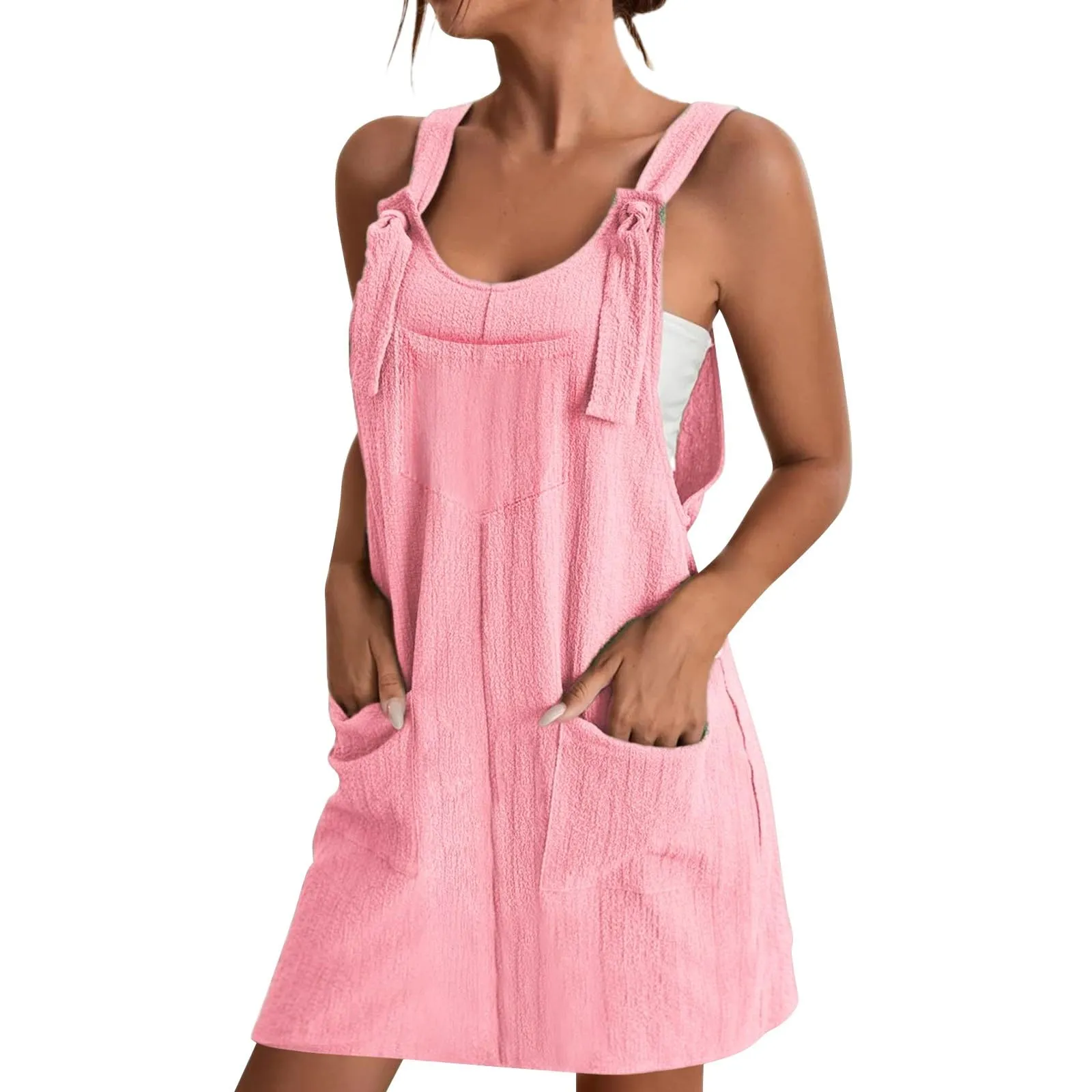 Abito da donna estivo, senza maniche, con spalline regolabili, con schiena scoperta, con tasche, con scollo a U, per il tempo libero, taglie forti, Rosa acceso., M - immagine 3