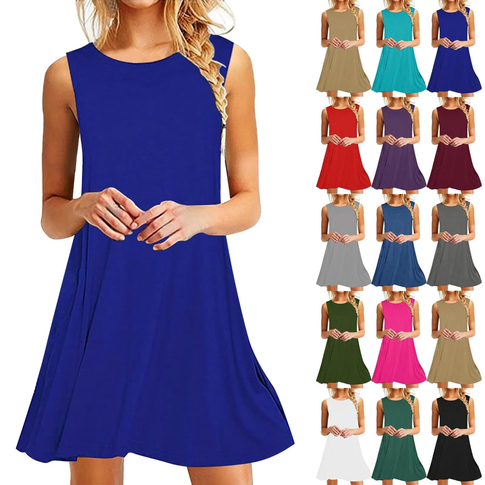 Abito elegante da donna, corto, casual, senza maniche, lunghezza al ginocchio, mini abito in cotone, tinta unita, abito da spiaggia, leggero, comodo, per il tempo libero, maglietta a linea A, abito da - immagine 1