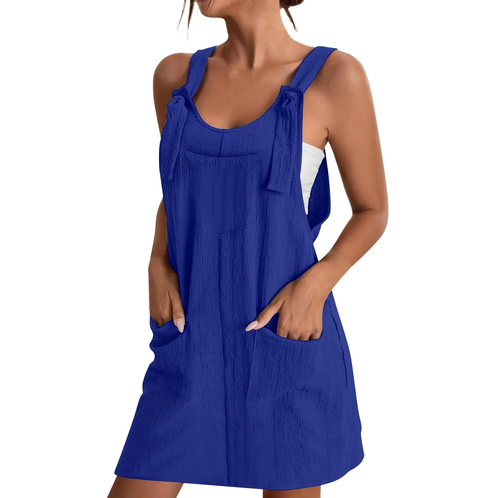 Abito da donna estivo, senza maniche, con spalline regolabili, con schiena scoperta, con tasche, con scollo a U, per il tempo libero, taglie forti, Blu, 3XL - immagine 2