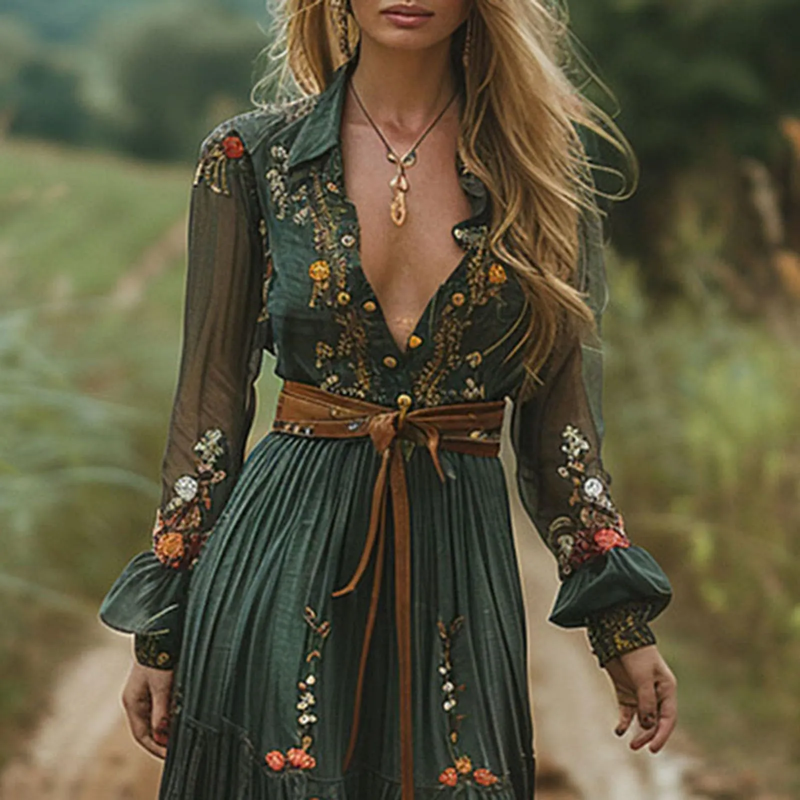 Abito da donna lungo, stile bohémien, vintage, stile rustico, con scollo a V, con motivo floreale, casual, maxi abito primaverile a maniche lunghe, abito floreale occidentale country, abito estivo - immagine 3