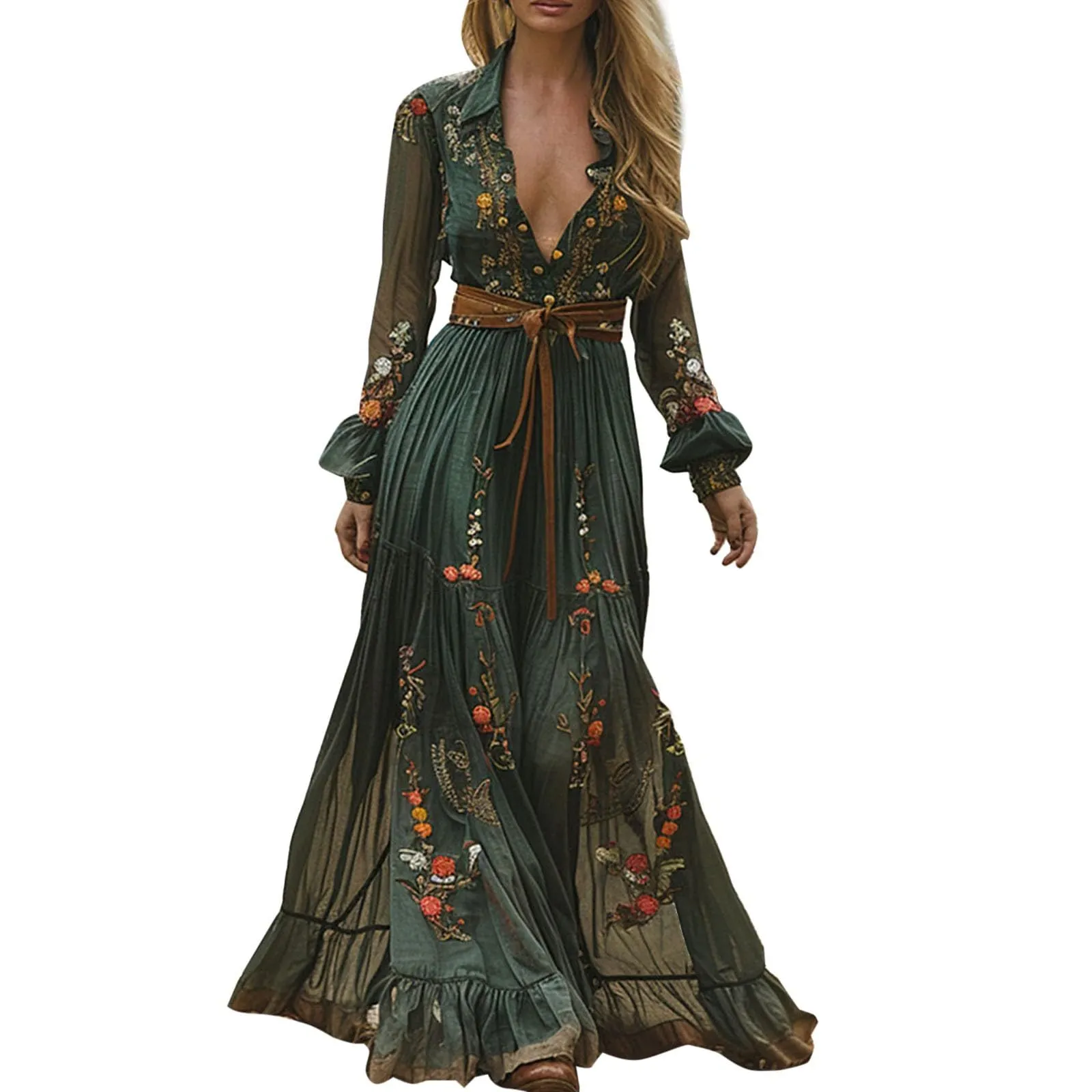 Abito da donna lungo, stile bohémien, vintage, stile rustico, con scollo a V, con motivo floreale, casual, maxi abito primaverile a maniche lunghe, abito floreale occidentale country, abito estivo - immagine 1