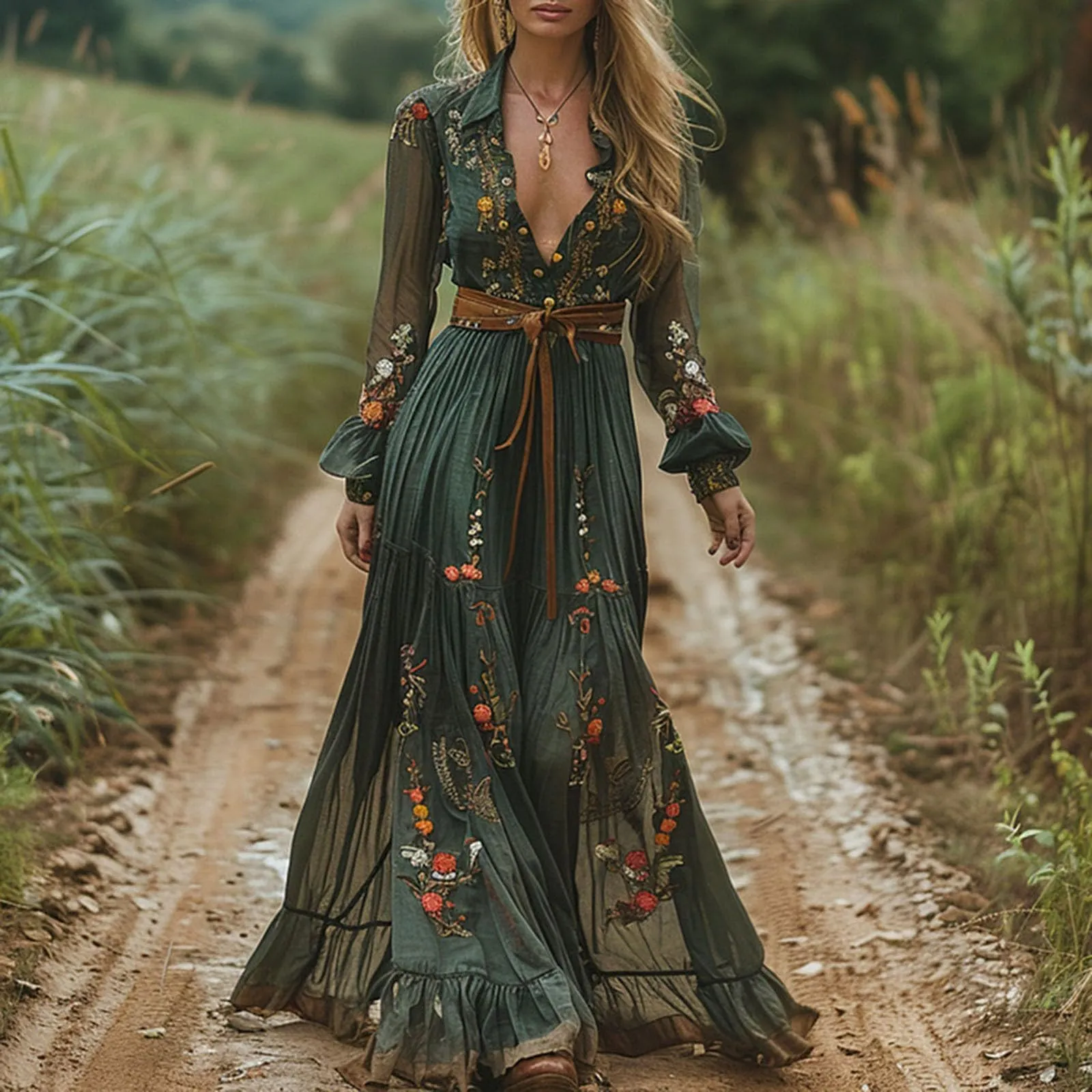 Abito da donna lungo, stile bohémien, vintage, stile rustico, con scollo a V, con motivo floreale, casual, maxi abito primaverile a maniche lunghe, abito floreale occidentale country, abito estivo - immagine 2