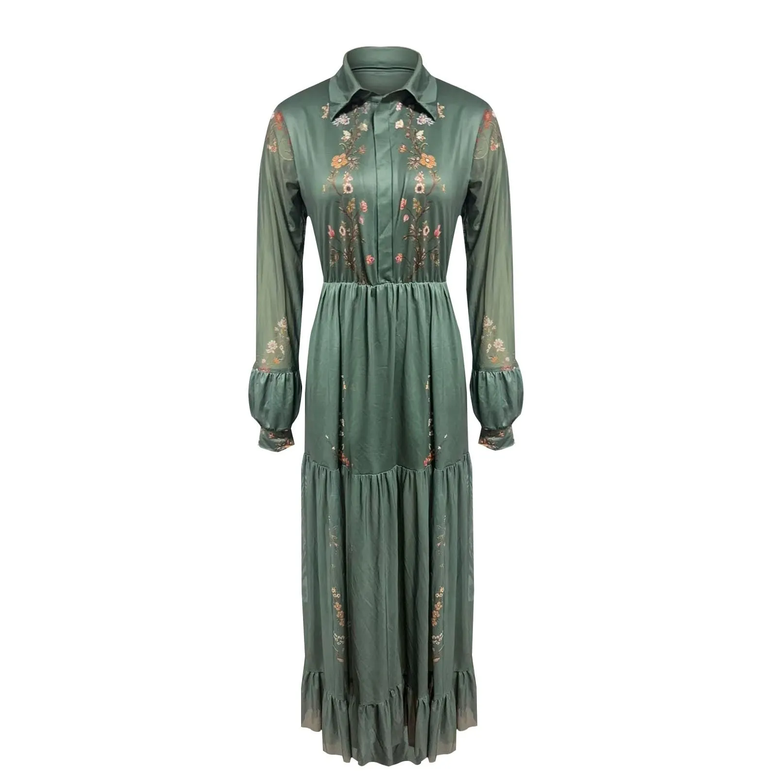 Abito da donna lungo, stile bohémien, vintage, stile rustico, con scollo a V, con motivo floreale, casual, maxi abito primaverile a maniche lunghe, abito floreale occidentale country, abito estivo - immagine 5