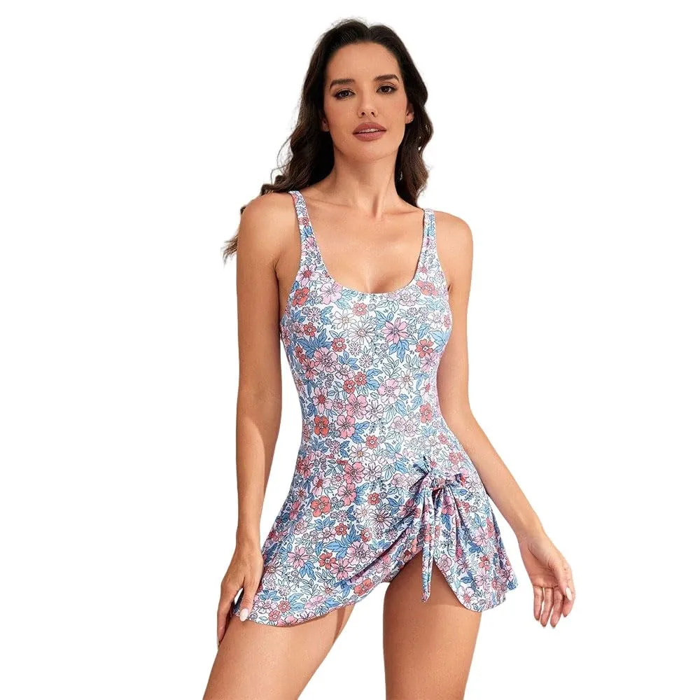 Costume da bagno intero da donna con controllo della pancia, costume da bagno modesto costume da bagno carino con nodo annodato gonna costumi da bagno, Stampa blu., XXL - immagine 1