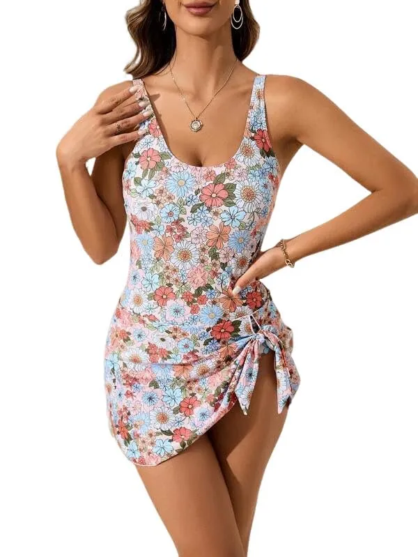 Costume da bagno intero da donna con controllo della pancia, costume da bagno modesto costume da bagno carino con nodo annodato gonna costumi da bagno, Floreale bianco., XXL - immagine 1