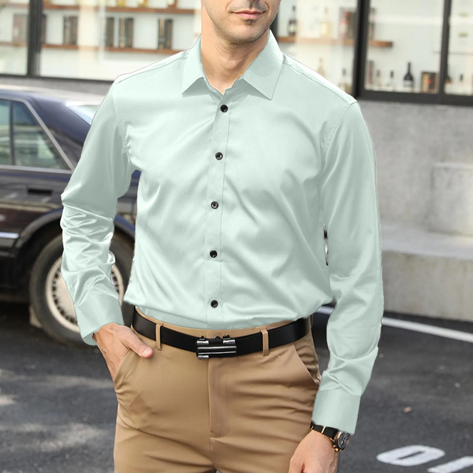 Generisch Maglietta da uomo a maniche lunghe, slim alla moda, casual, da uomo, elasticizzata, casual, tinta unita, a maniche lunghe, in cotone e lino, tinta unita, verde, S - immagine 3