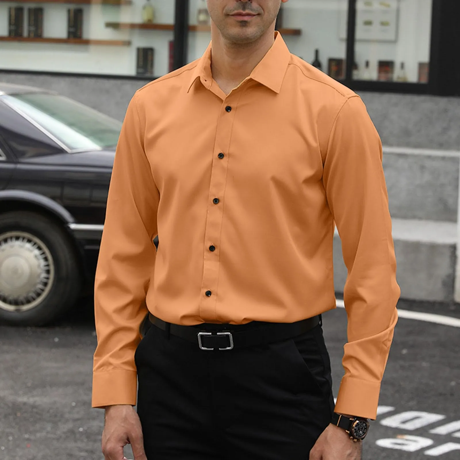 Generisch Maglietta da uomo a maniche lunghe, slim alla moda, casual, da uomo, elasticizzata, casual, tinta unita, a maniche lunghe, in cotone e lino, tinta unita, Colore: arancione., XL - immagine 4