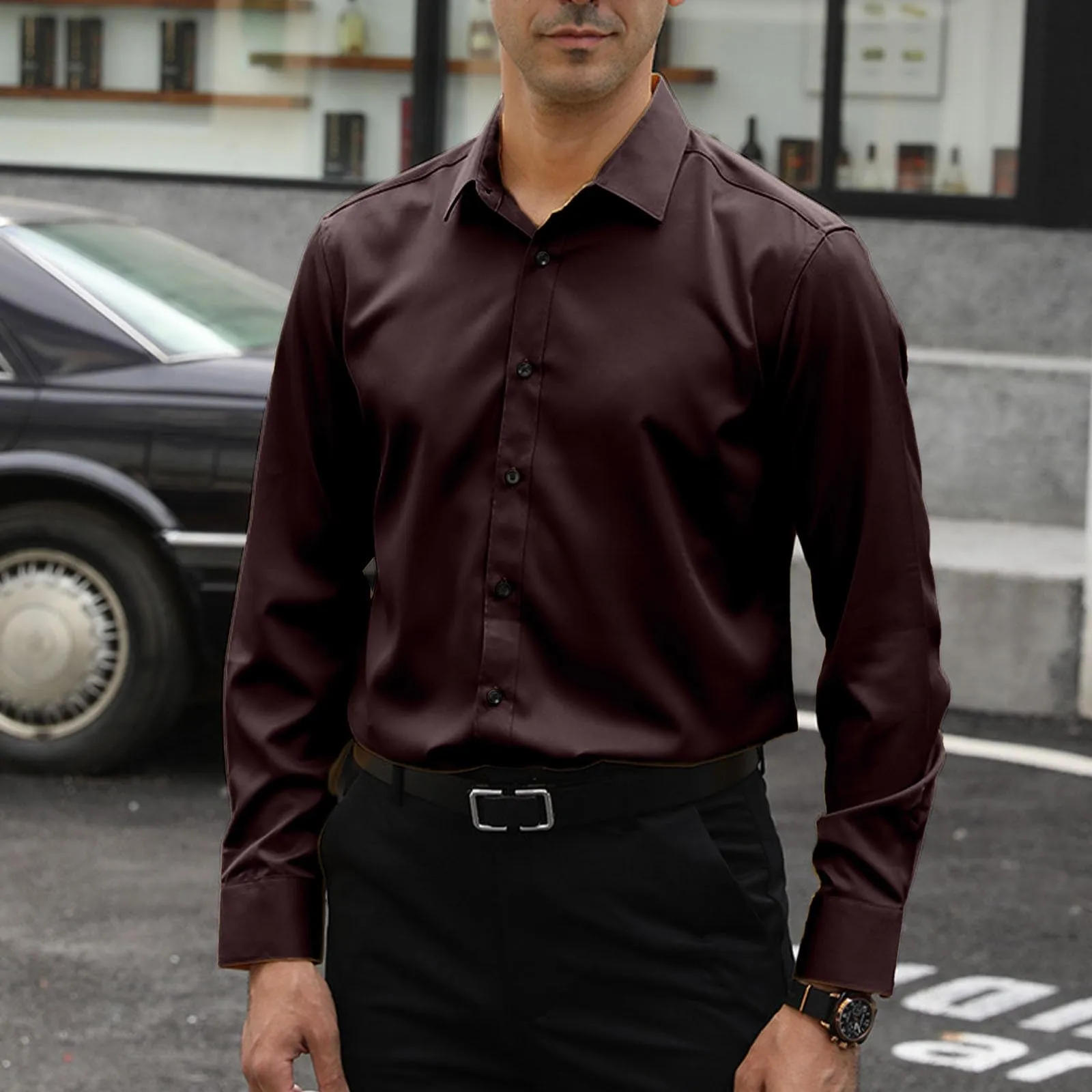 Generisch Maglietta da uomo a maniche lunghe, slim alla moda, casual, da uomo, elasticizzata, casual, tinta unita, a maniche lunghe, in cotone e lino, tinta unita, caffè, S - immagine 2