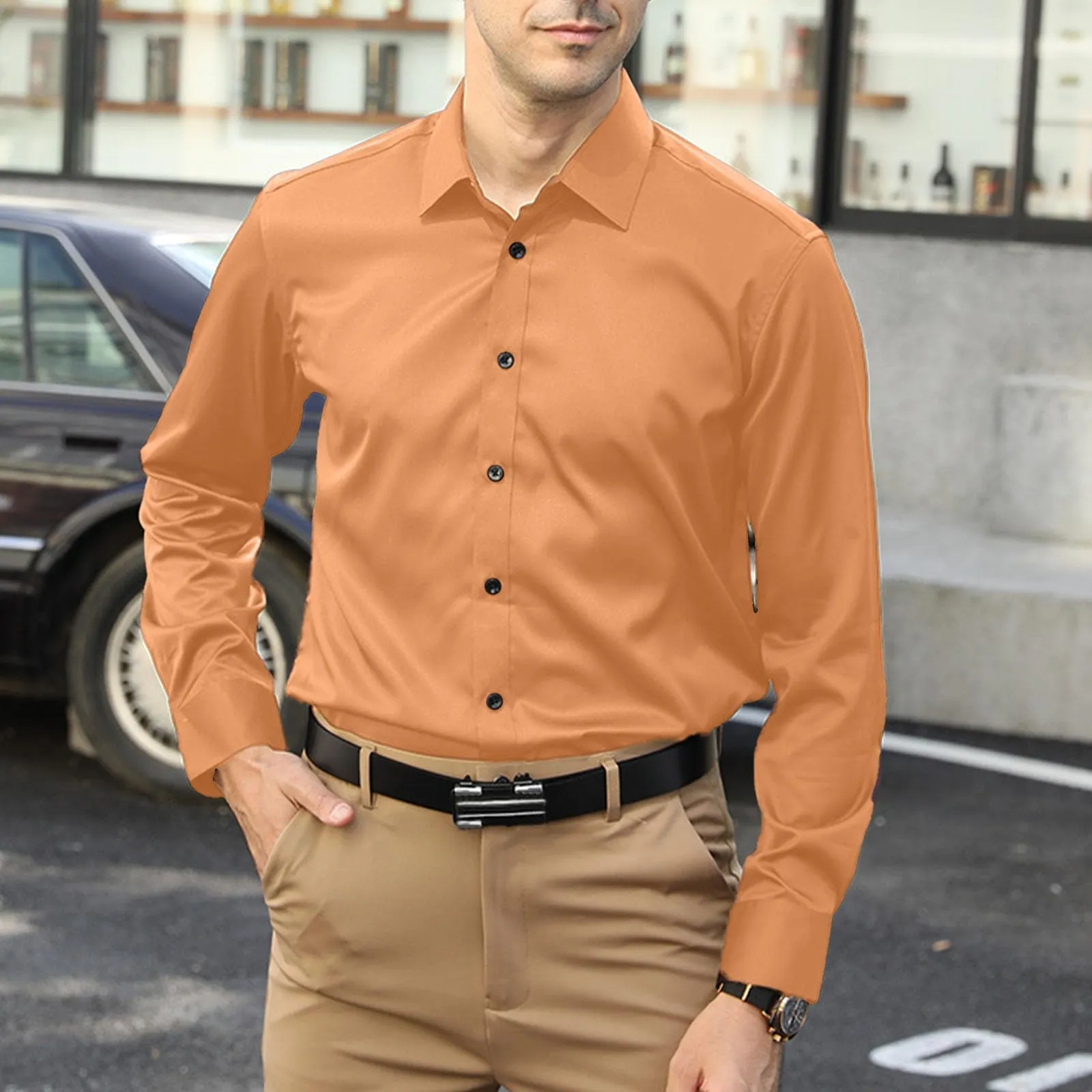 Generisch Maglietta da uomo a maniche lunghe, slim alla moda, casual, da uomo, elasticizzata, casual, tinta unita, a maniche lunghe, in cotone e lino, tinta unita, Colore: arancione., M - immagine 3