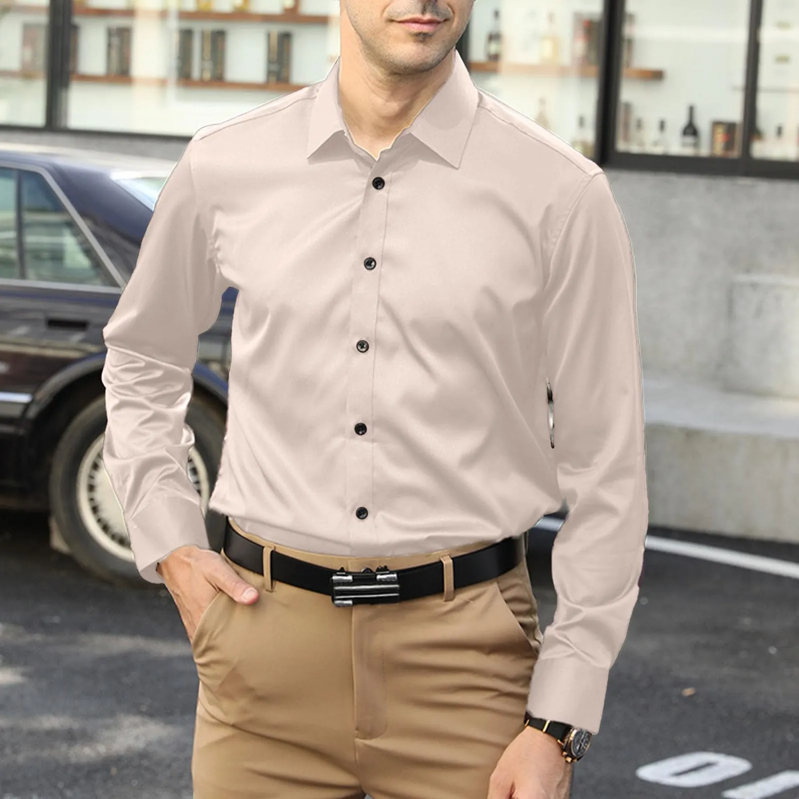 Generisch Maglietta da uomo a maniche lunghe, slim alla moda, casual, da uomo, elasticizzata, casual, tinta unita, a maniche lunghe, in cotone e lino, tinta unita, beige., XXL - immagine 3