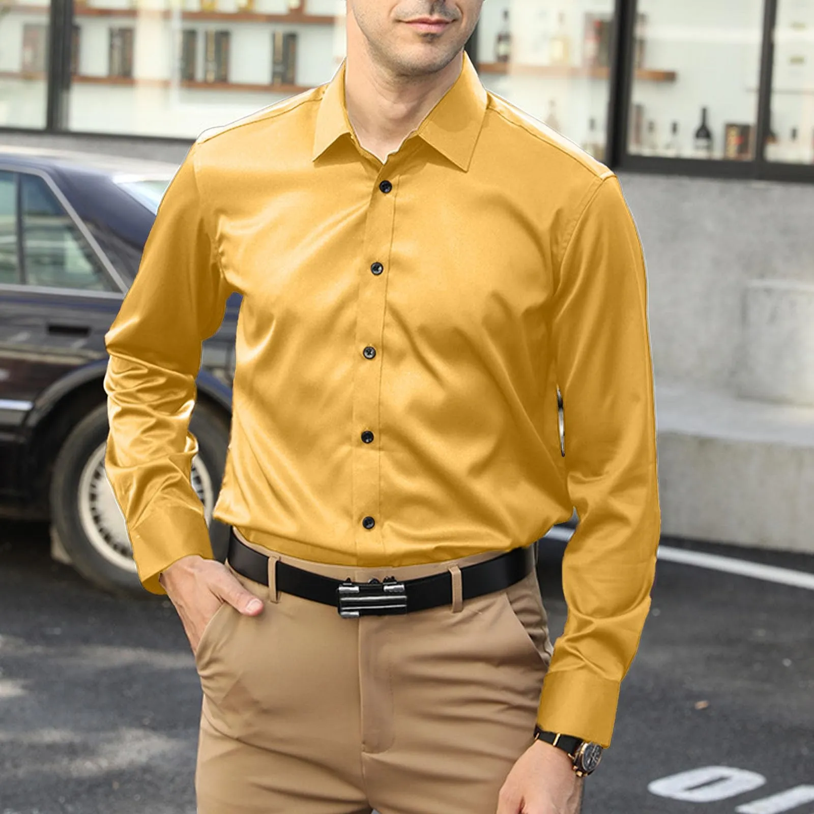 Generisch Maglietta da uomo a maniche lunghe, slim alla moda, casual, da uomo, elasticizzata, casual, tinta unita, a maniche lunghe, in cotone e lino, tinta unita, giallo., XL - immagine 3