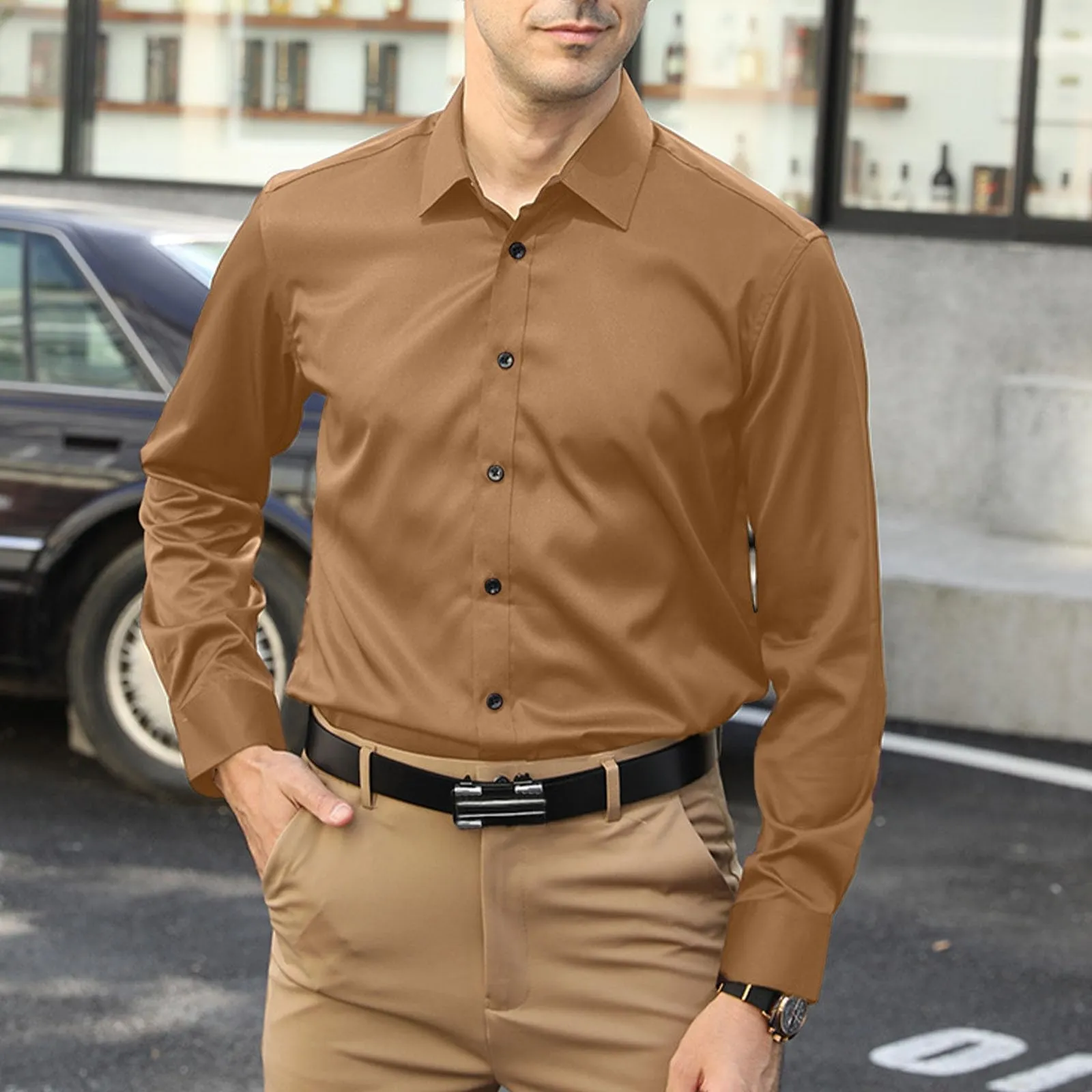 Generisch Maglietta da uomo a maniche lunghe, slim alla moda, casual, da uomo, elasticizzata, casual, tinta unita, a maniche lunghe, in cotone e lino, tinta unita, cachi, L - immagine 3