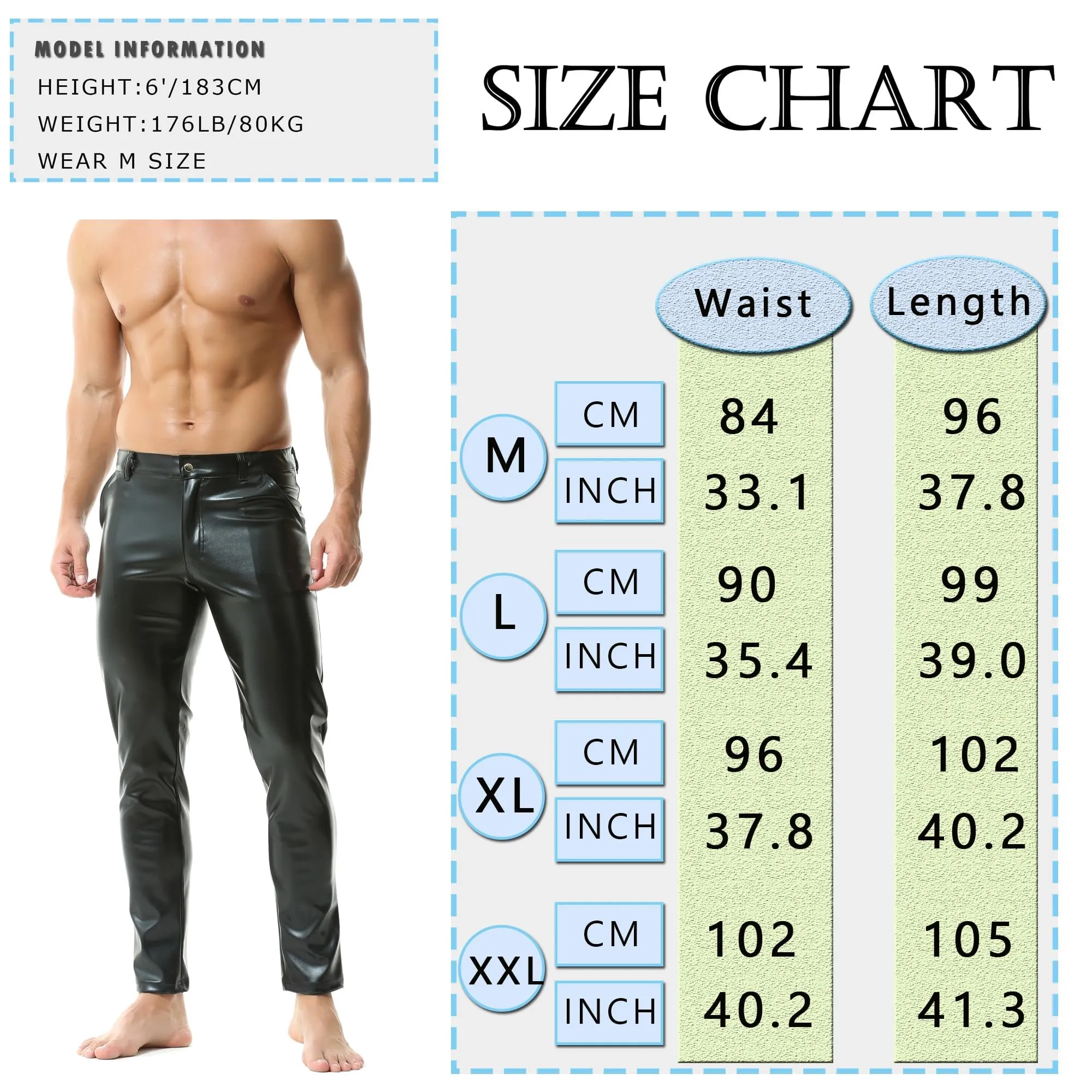 YUFEIDA Leggings da uomo classici effetto bagnato, pantaloni lunghi in ecopelle PU, tasche con cerniera, casual, moto, cosplay, danza, palcoscenico, feste, club, leggings da uomo, nero, L - immagine 6