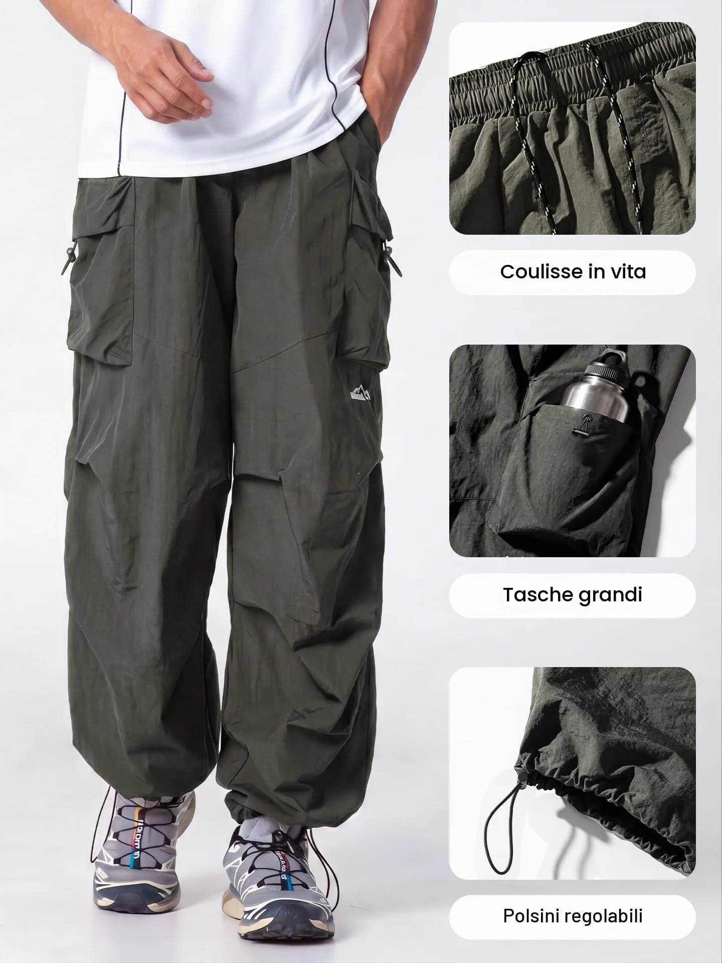 CAONAT Pantaloni Cargo da Uomo, Leggeri, Casual, Resistenti all'Acqua, per attività all'aperto, Pesca, Lavoro, Jogging, con Tasche Multiple, Verde, L - immagine 4