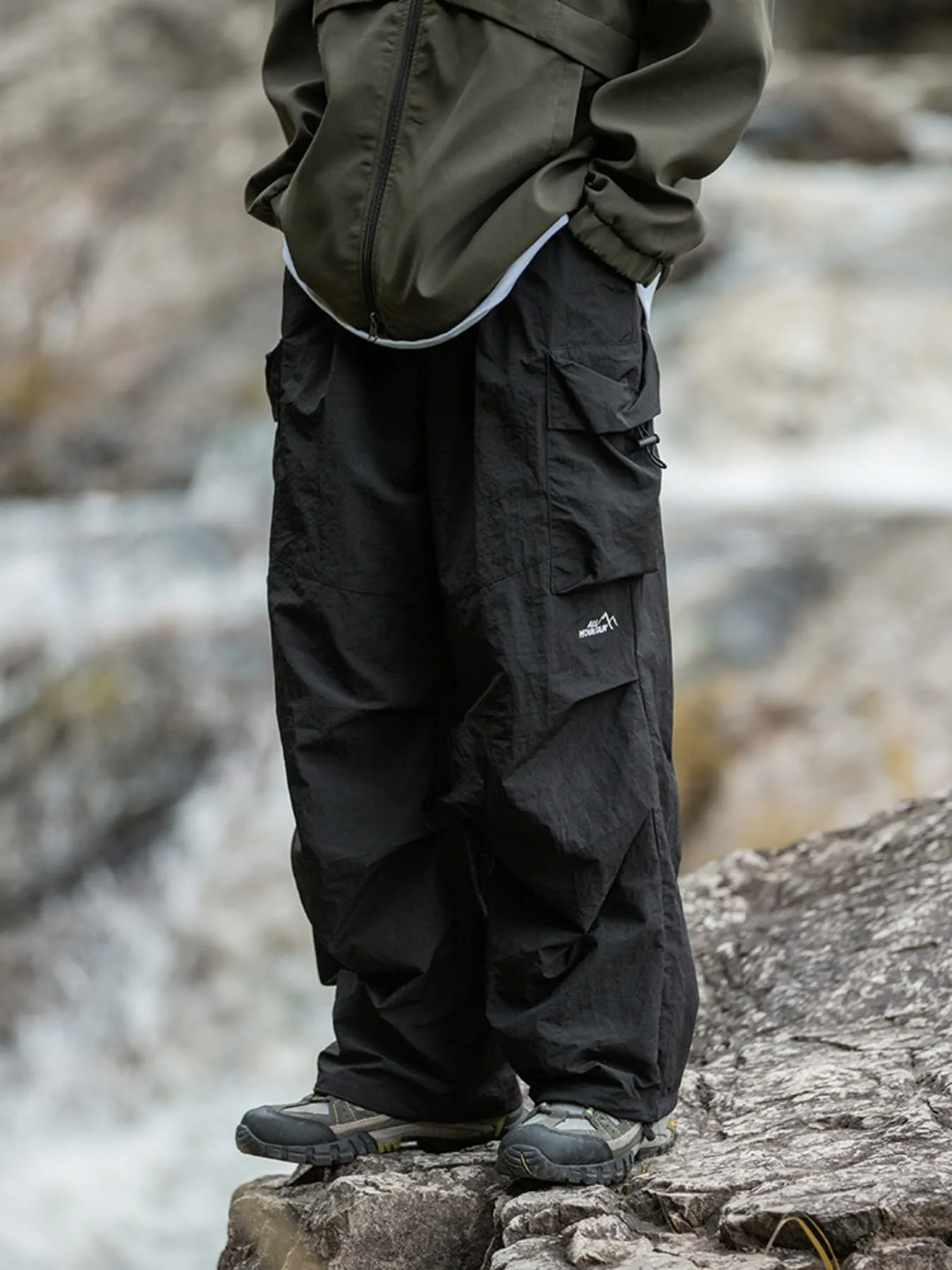 Pantaloni Cargo Larghi da Uomo, Casual, Pantaloni da Paracadute, vestibilità Larga, Hip Hop, Leggeri, Resistenti all'Acqua, con Tasche, Nero, S - immagine 3