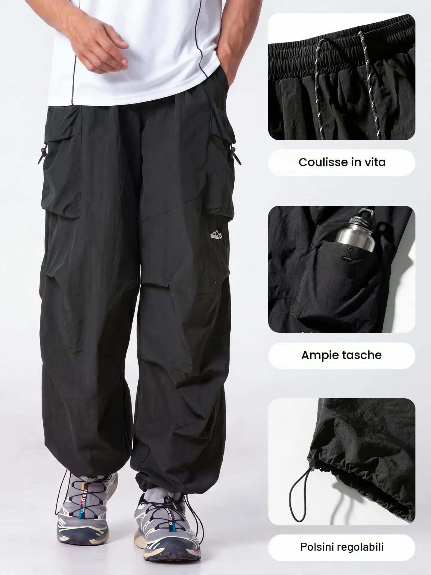 Pantaloni Cargo da Uomo, vestibilità Larga, Stile Hip-Hop, Leggeri, Impermeabili, con Tasche, Nero, L - immagine 4
