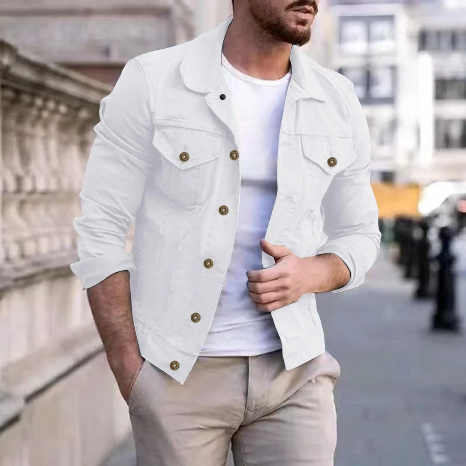 Giubbotto Jeans Uomo, Giubbino Uomo Primavera, Giubbotto Manica Lunga Finta Biker Casuale in Cotone Effetto Denim Moda Giacca Motion Rider Jacket Giacca in Jeans Denim Jacket - immagine 2