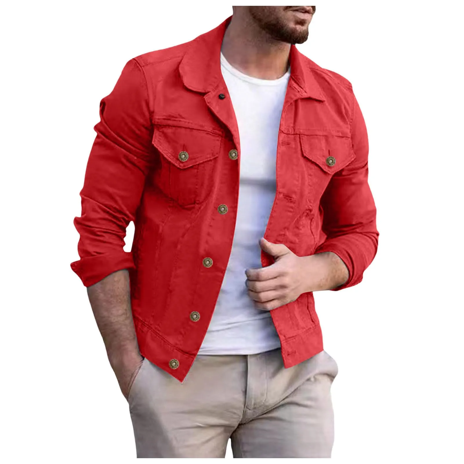 Giacchetto Jeans Uomo, Giacchetto Primaverile Uomo, Button Down Slim Fit Tinta Unita Manica Lunga Casual Shacket Jeans Cappotto con Patta Tasca Giacca Mezza Stagione Giacca da Camionista - immagine 1