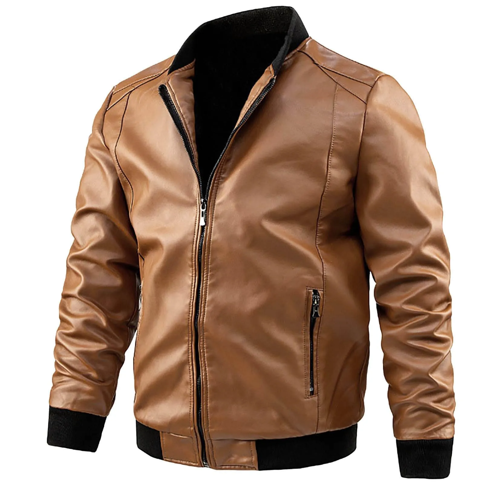 Giacca in Pelle Uomo, Pu Bomber Moto Slim Fit Colletto Casual con Cerniera Cappotto Antivento Giacca a Vento Soft Touch Classico Giubbotto Uomo Moto Giacca Leggera Faux Leather Jacket - immagine 3