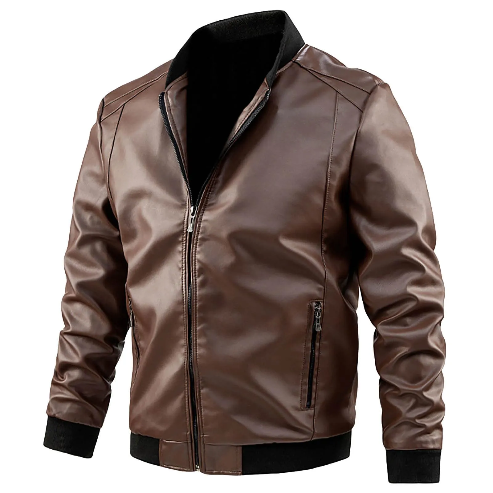 Giubbotto Pelle Moto Uomo, Giacca Bomber da Uomo con Chiusura Lampo, Casual, per Motociclisti Giubbotto con Colletto Rialzato Giubbotto Uomo Moto Giacca Uomo Mezza Stagione Faux Leather Jacket - immagine 3