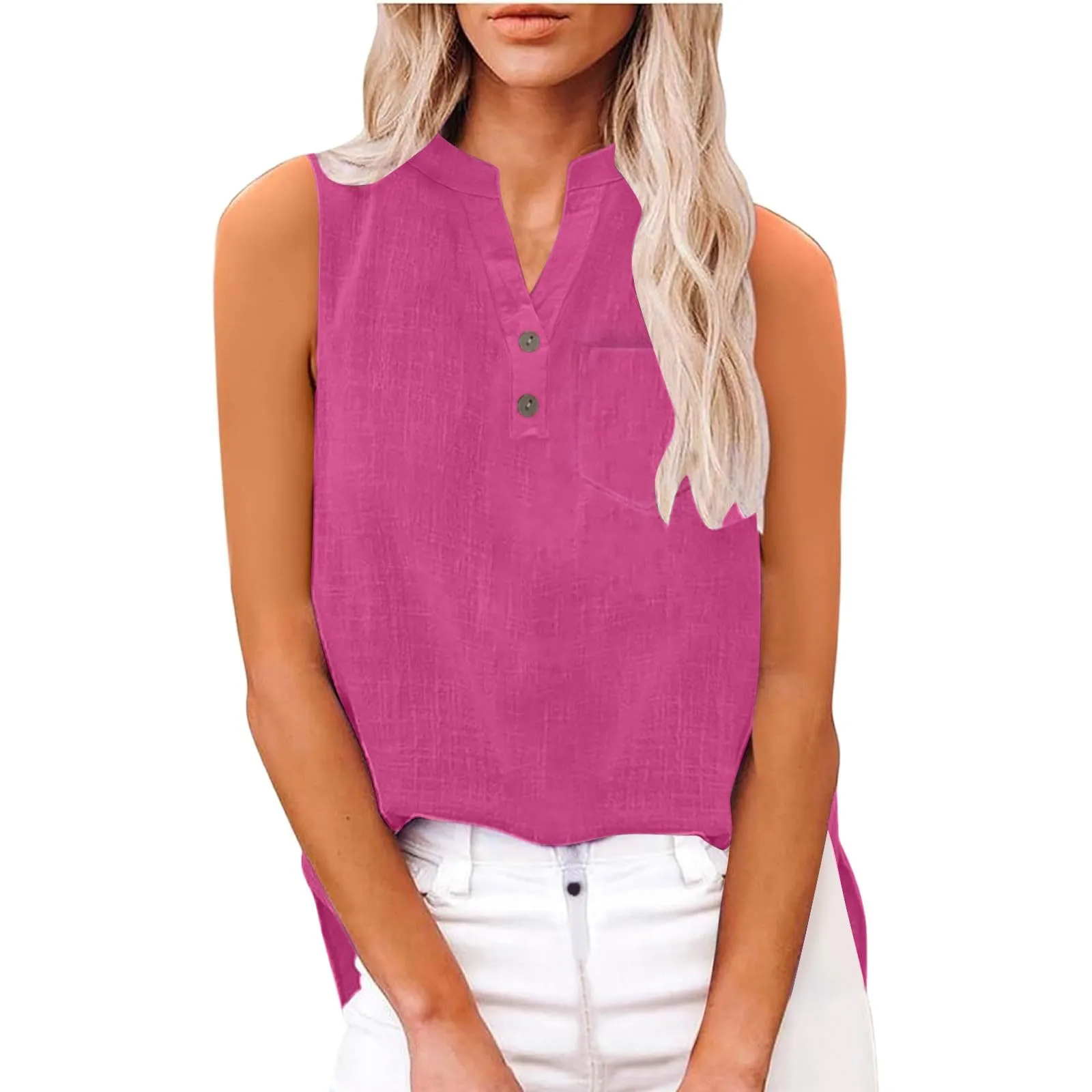 Camicetta in lino da donna, estiva, oversize, senza maniche, elegante, con scollo a V, per il tempo libero, grandi dimensioni, camicetta per tutti i giorni, Rosa acceso., 3XL - immagine 7