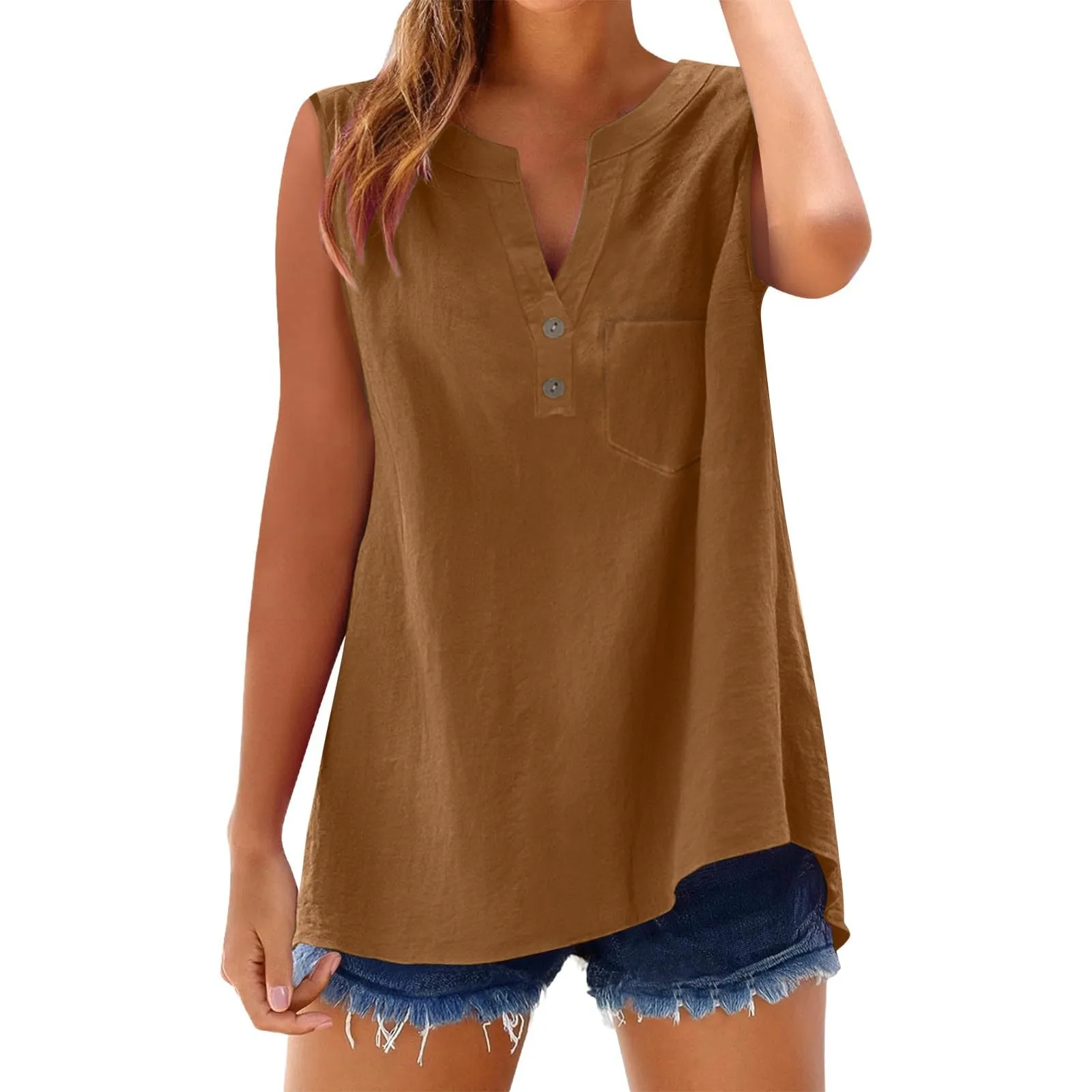Camicetta in lino da donna, estiva, oversize, senza maniche, elegante, con scollo a V, per il tempo libero, grandi dimensioni, camicetta per tutti i giorni, marrone, 3XL - immagine 4