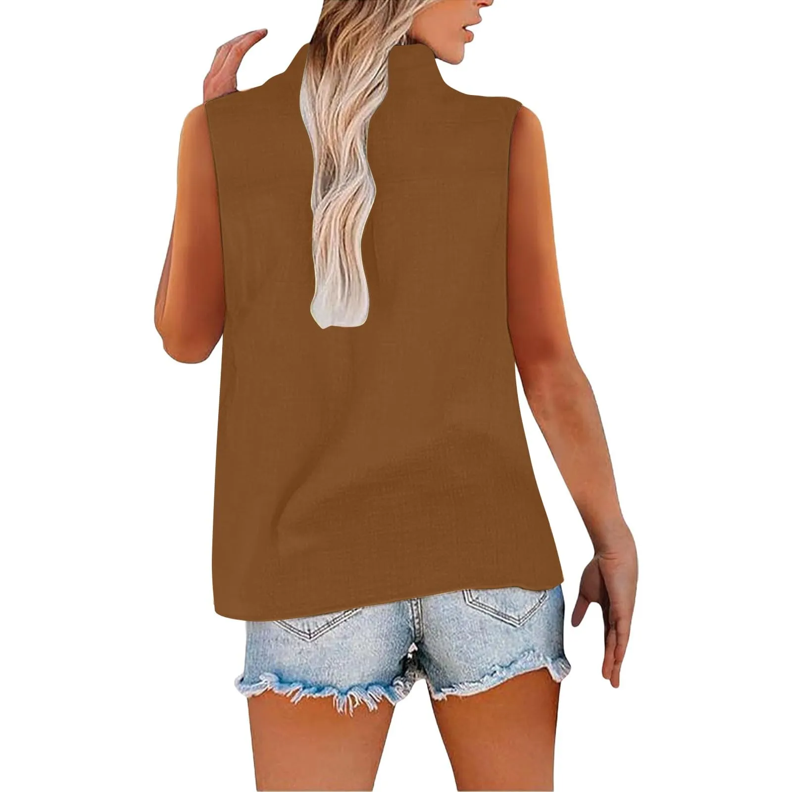 Camicetta in lino da donna, estiva, oversize, senza maniche, elegante, con scollo a V, per il tempo libero, grandi dimensioni, camicetta per tutti i giorni, marrone, 3XL - immagine 5