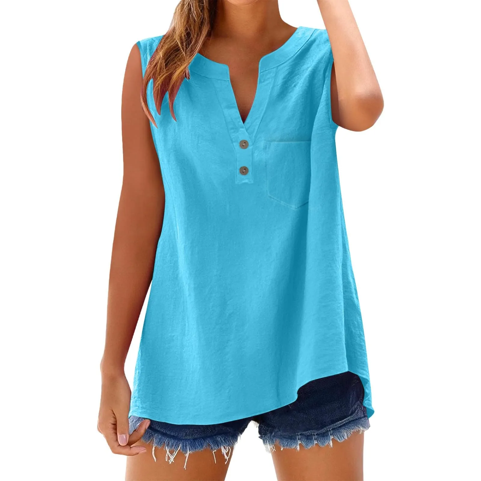 Camicia in lino da donna estiva, oversize, senza maniche, elegante, tank top, scollo a V, comoda, tank top da donna per adolescenti, ragazze, casual, camicia in lino da donna, taglie grandi, blusa - immagine 4